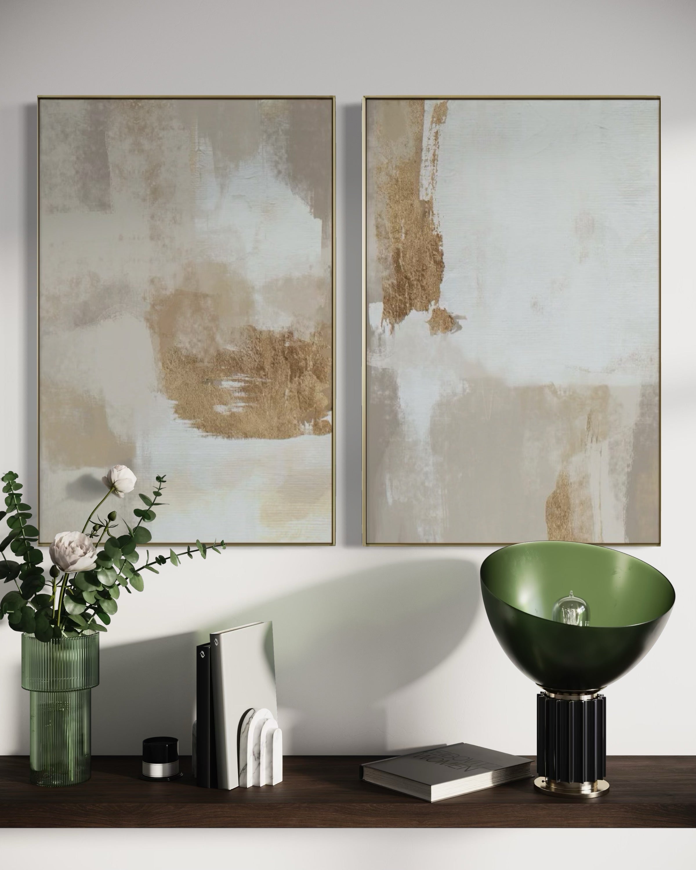 Set Cuadros Decorativos Abstracto Negro Arena 2 - 279 - Diptico Moderno y Elegante Arte Estilo Boho en Blanco, Beige y Dorado Oro