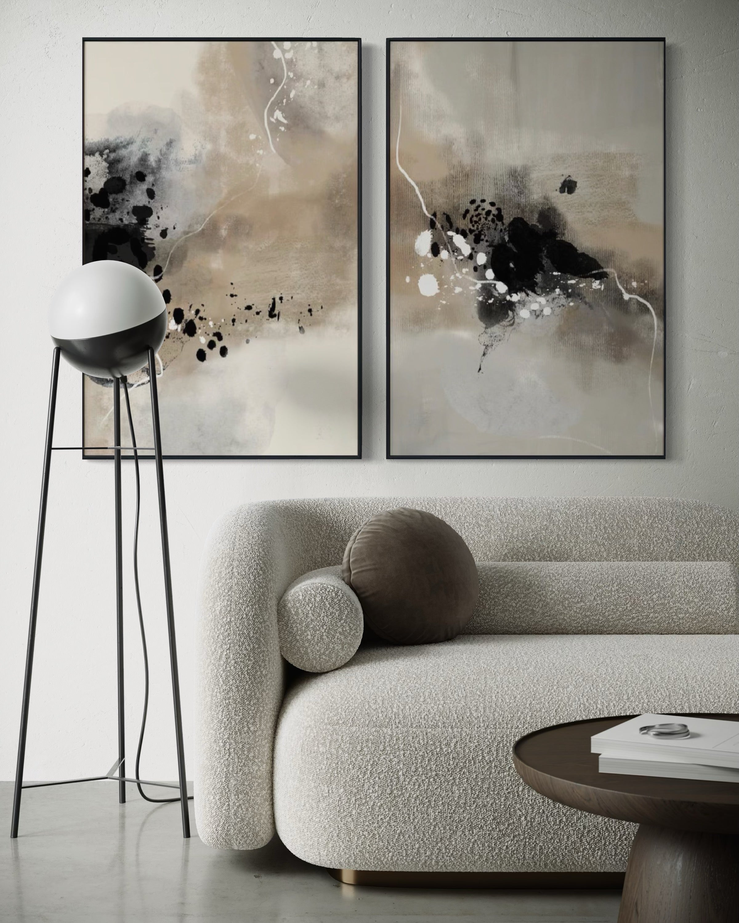 Set Cuadros Decorativos Abstracto Negro Arena 2-236 - Diptico Moderno Estilo Nordico en Tonos Nutros