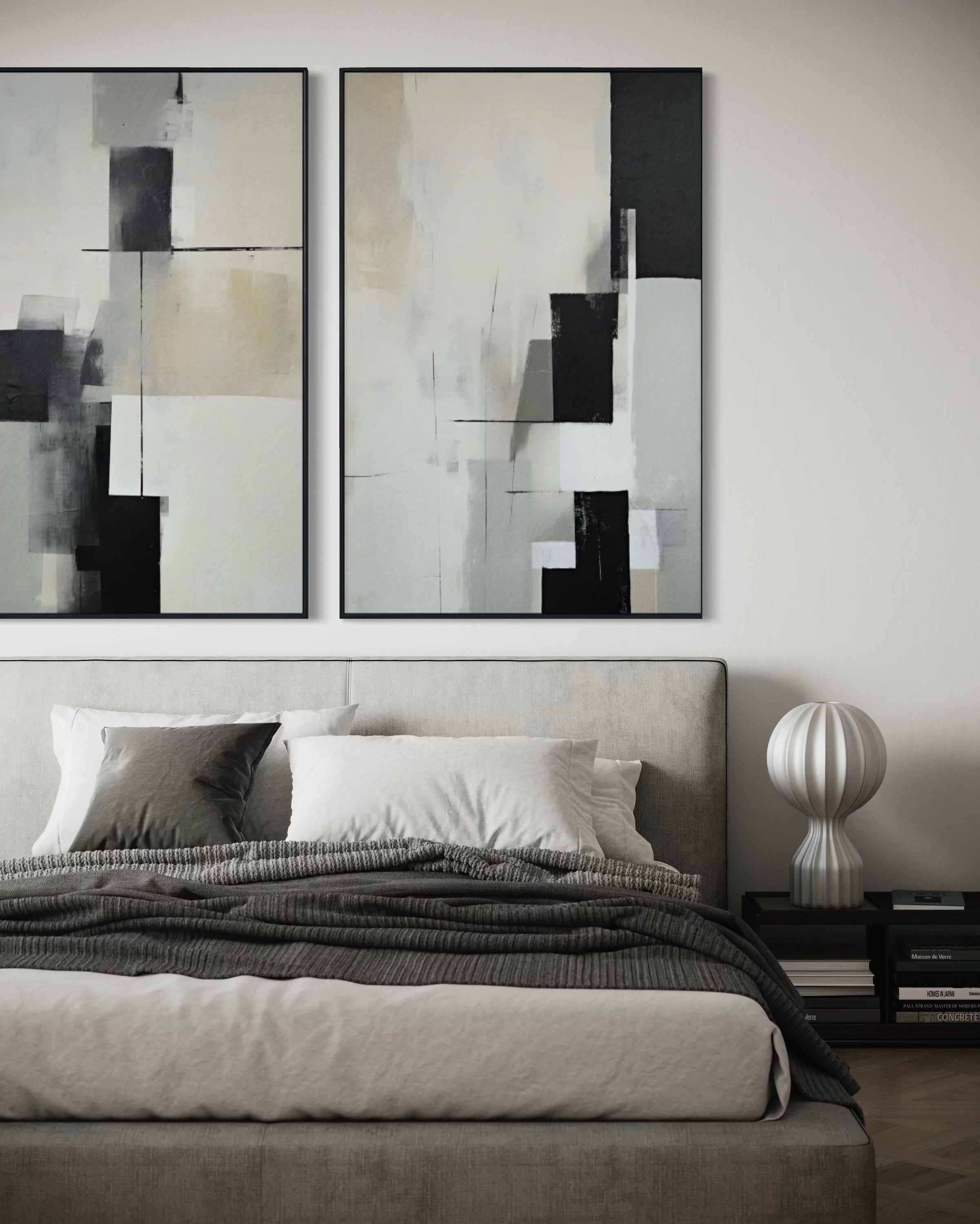 Set Cuadros Decorativos Abstracto Negro Arena 2 - 227 - Diptico Moderno y Minimalista Arte Estilo Nordico en Negro, Beige y Gris Tonos Neutros