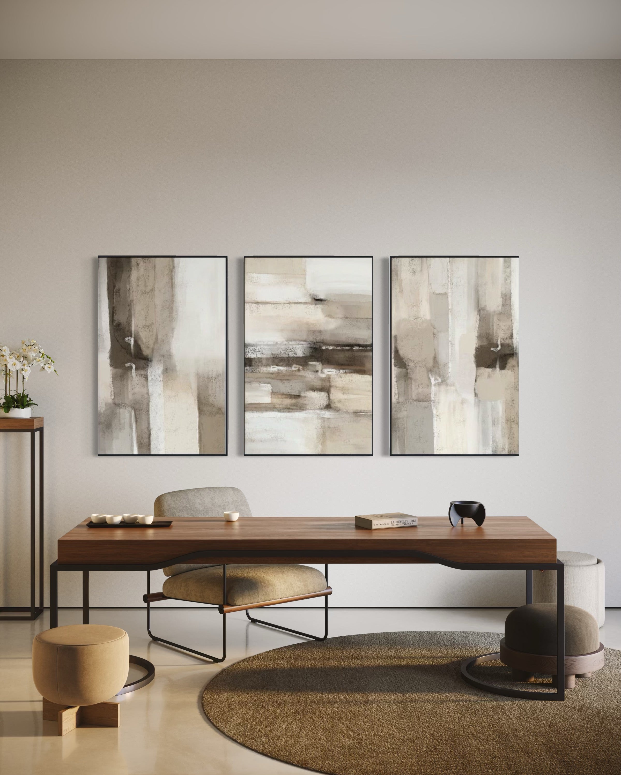 Set Cuadros Decorativos Abstracto Negro Arena 2 - 211 - Triptico En tonos Beige y Cafe Colores Neutros Arte Moderno Estilo Boho Nordico