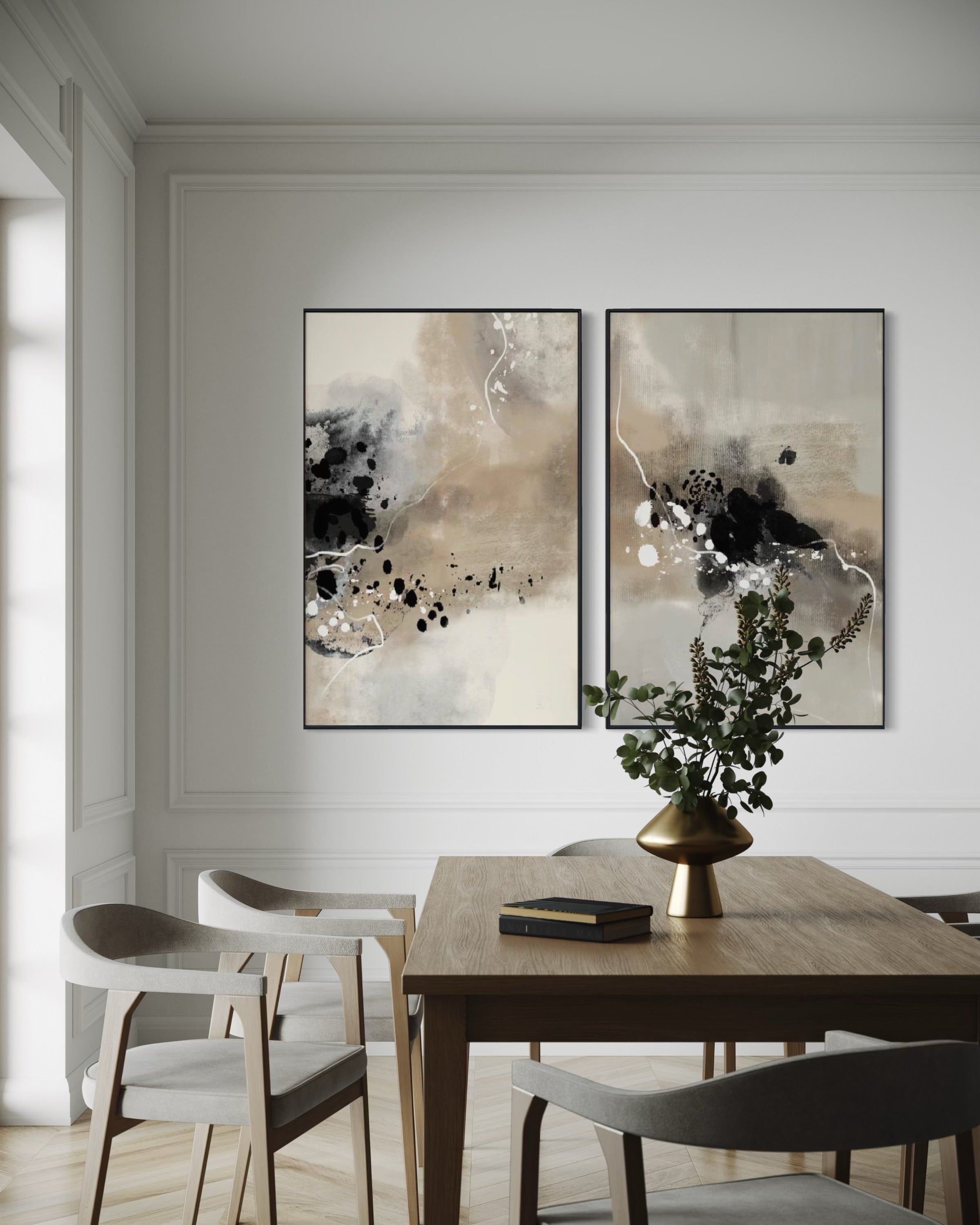 Set Cuadros Decorativos Abstracto Negro Arena 2-236 - Diptico Moderno Estilo Nordico en Tonos Nutros