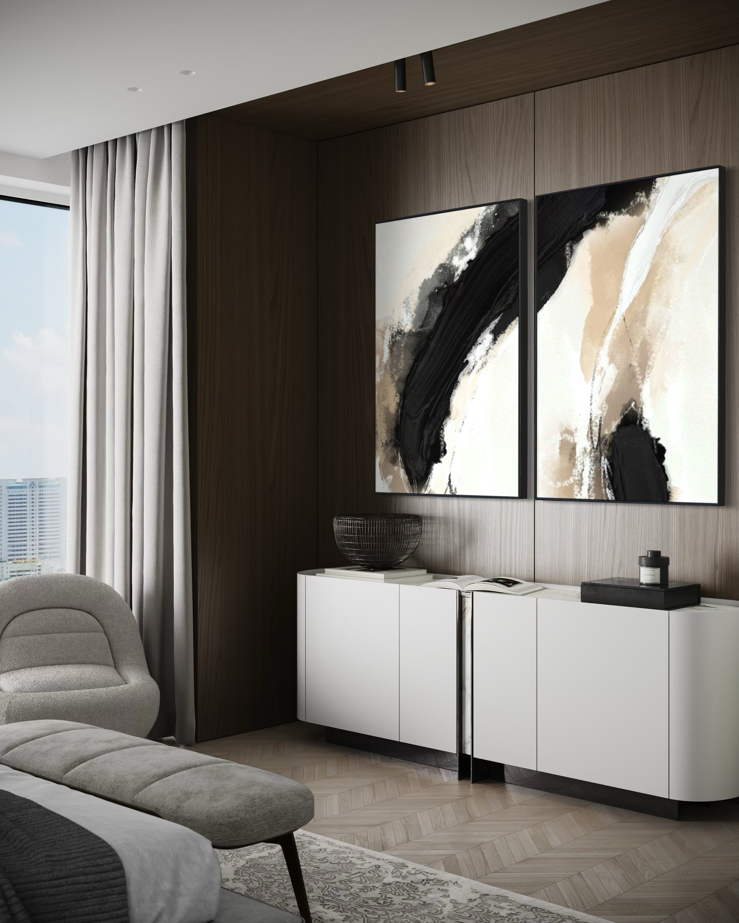 Set Cuadros Decorativos Abstracto Negro Arena 2 - 212 - Diptico Moderno y Minimalista en Tonos Negro y Beige Colores Neutros Estilo Nordico