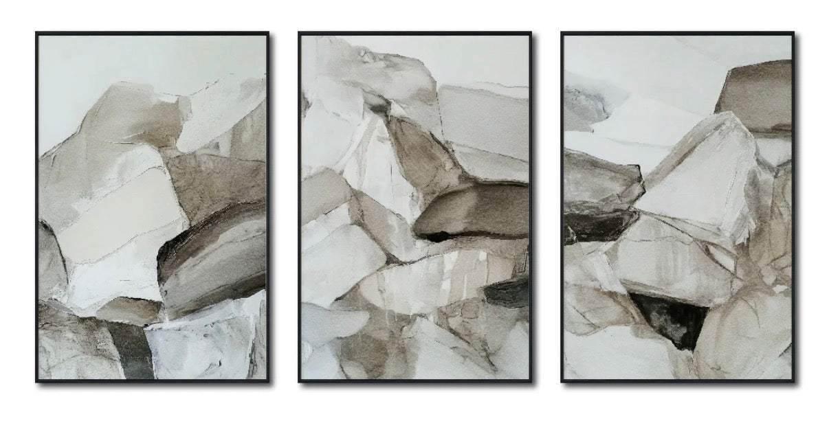 Set Cuadros Decorativos Abstracto Negro Arena 2 - 202 - Triptico Minimalista Estilo Boho Arte Nordico en Tonos Neutros