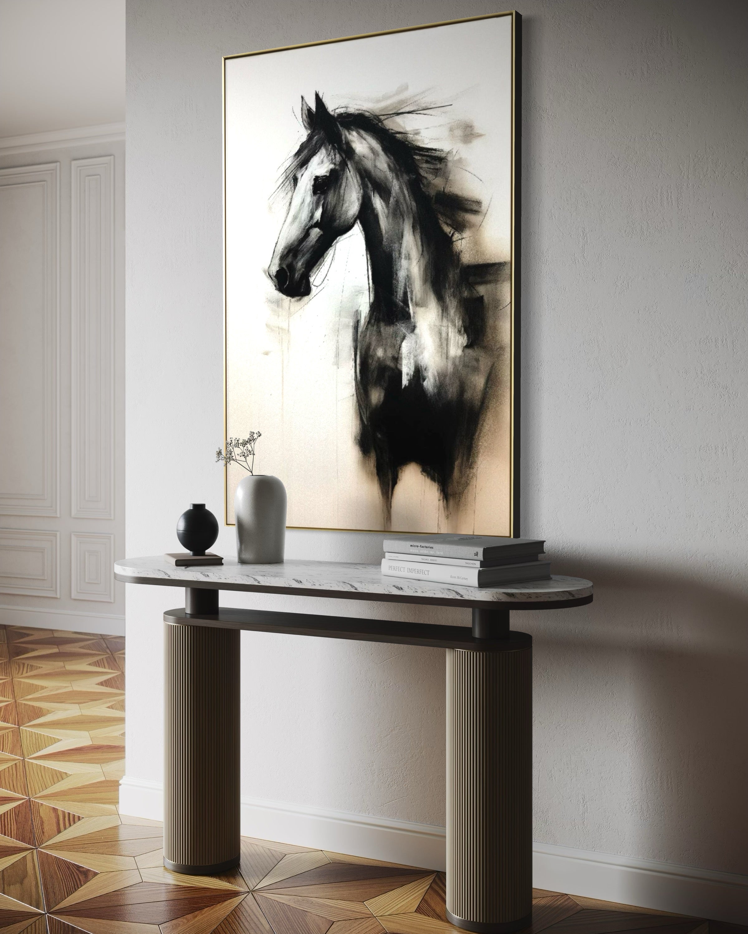 Cuadro Decorativo Abstracto Negro Arena 2- 258 -Boceto de Caballo Negro Arte Moderno en Tonos Neutros