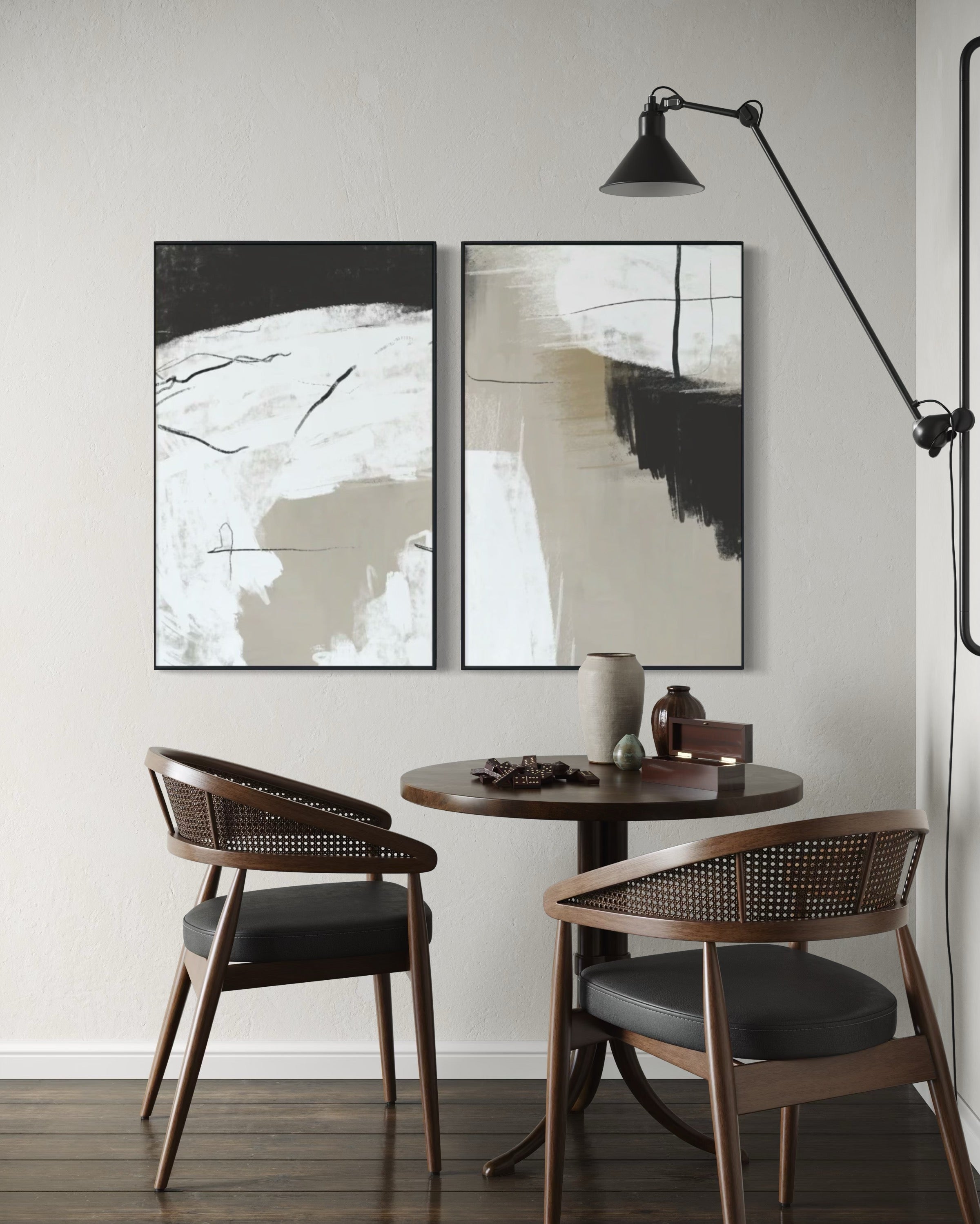 Set Cuadros Decorativos Abstracto Negro Arena  2 - 243 - Diptico Moderno Estilo Nordico Tonos Neutros