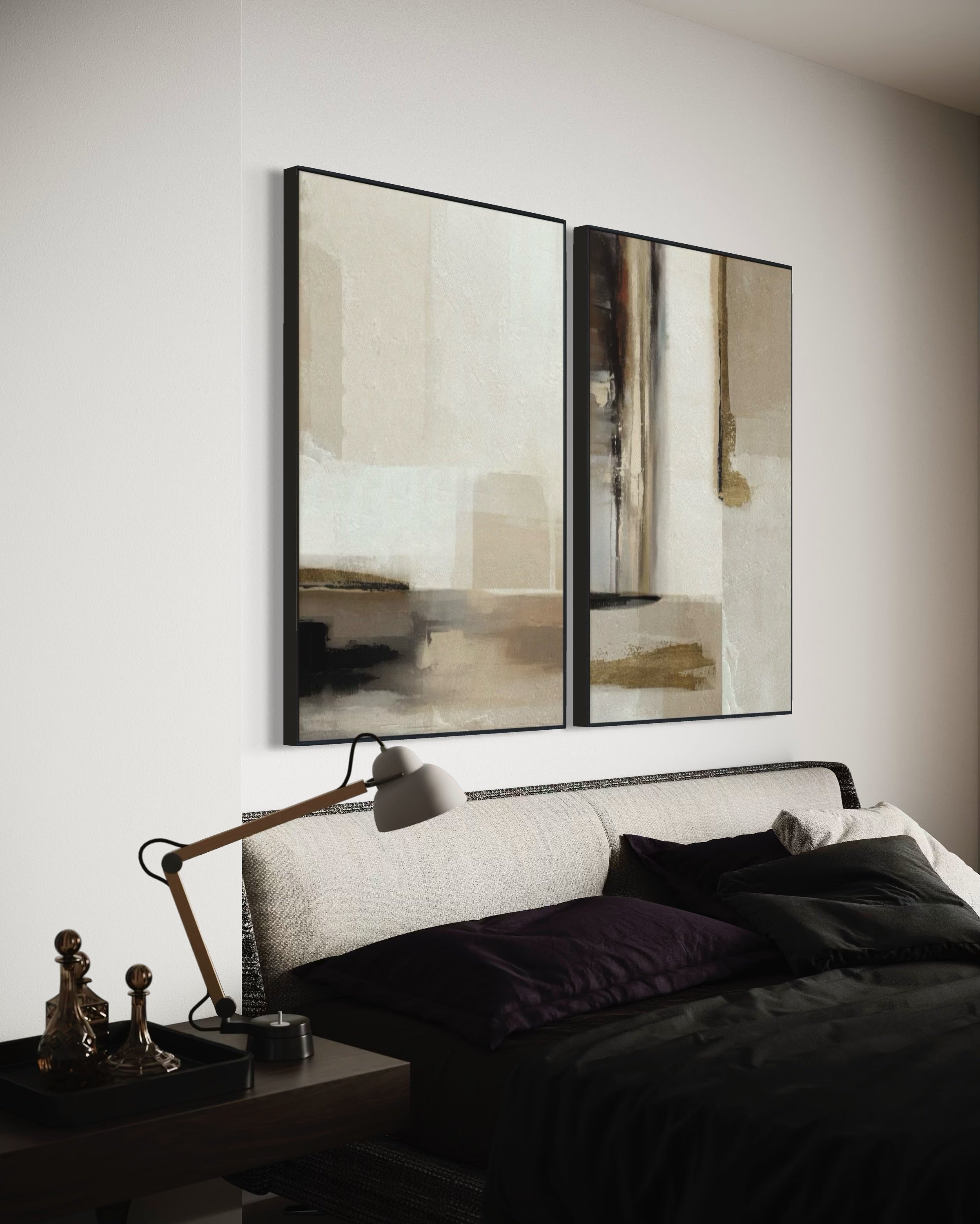 Set Cuadros Decorativos Abstracto Negro Arena 2 - 209 - Diptico Minimalista en Tonos Neutros Arte Estilo Nordico