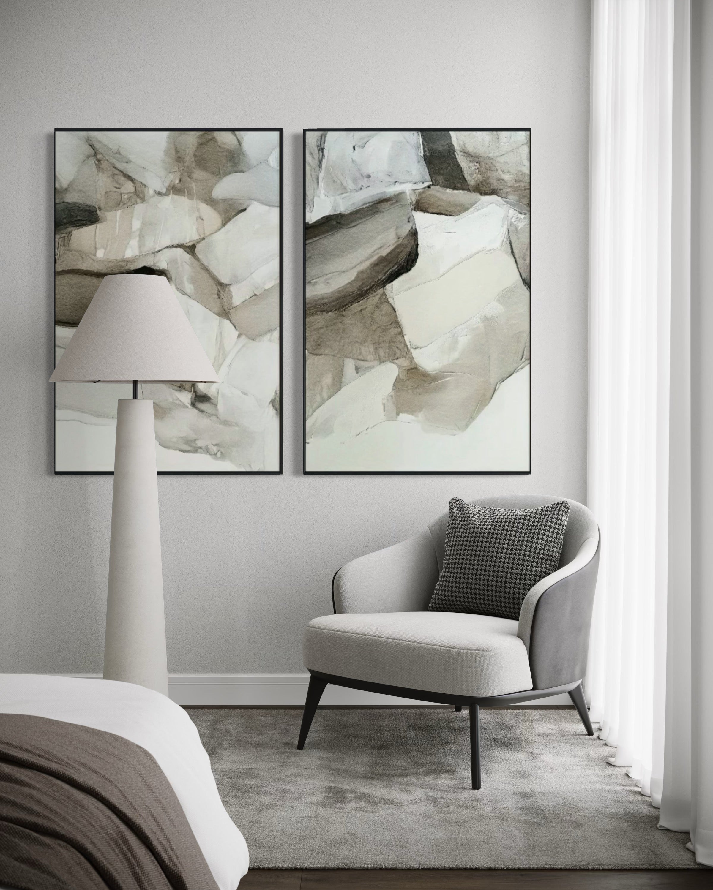 Set Cuadros Decorativos Abstracto Negro Arena 2 - 202 - Díptico Minimalista Estilo Boho Arte en tonos Neutros