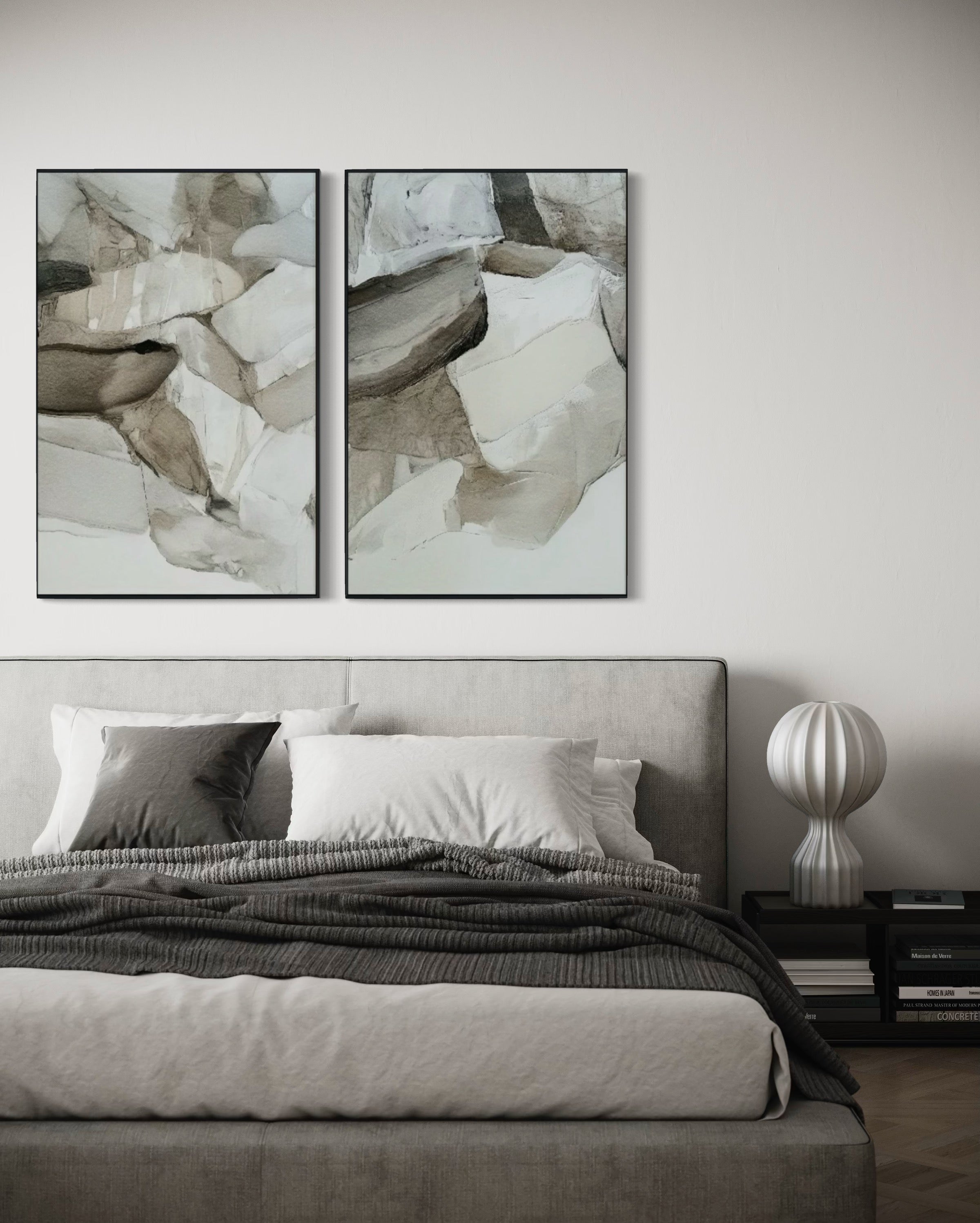 Set Cuadros Decorativos Abstracto Negro Arena 2 - 202 - Díptico Minimalista Estilo Boho Arte en tonos Neutros