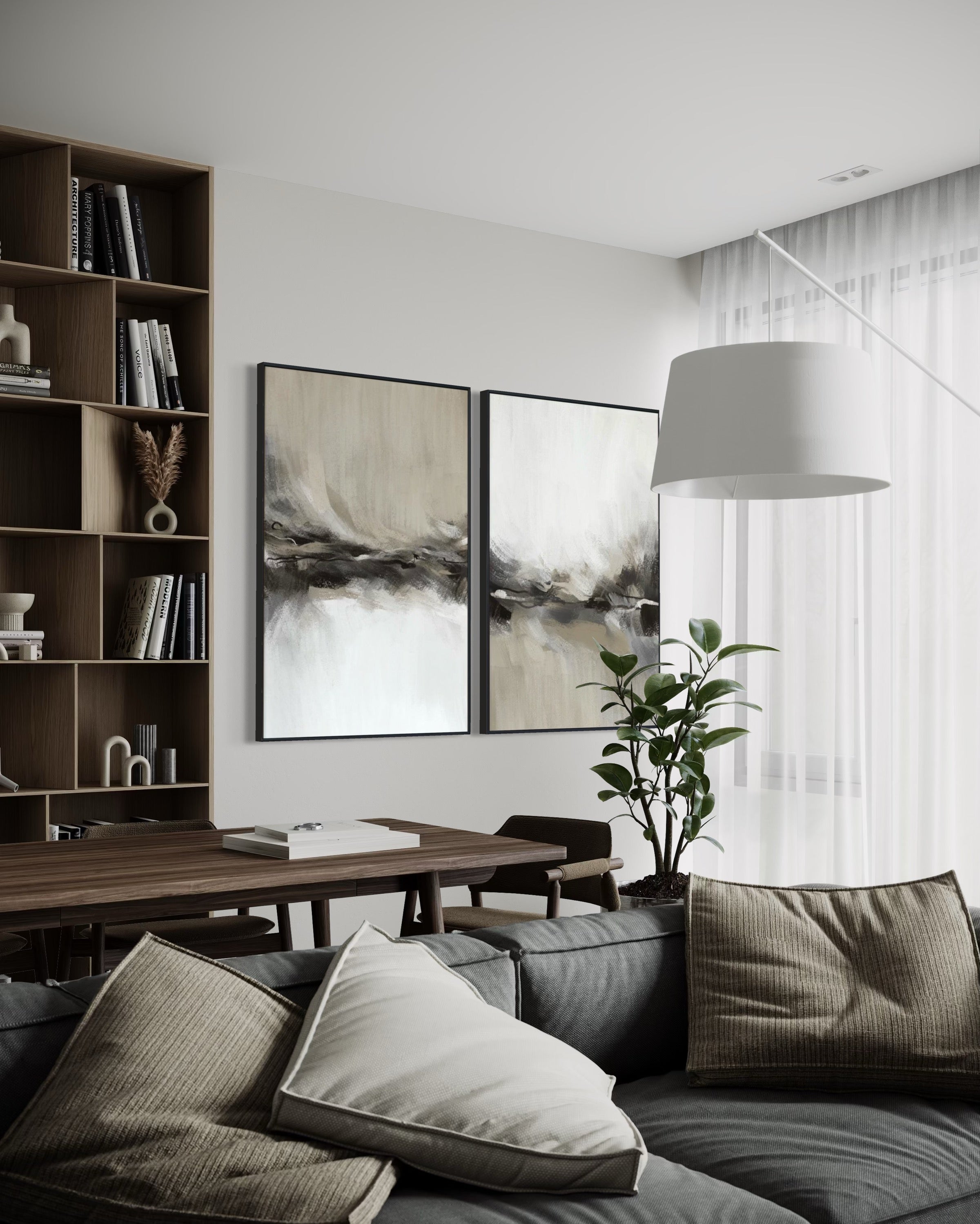 Set Cuadros Decorativos Abstracto Negro Arena 2 - 238 - Diptico Moderno y Elegante Arte Estilo Nordico Tonos Neutros