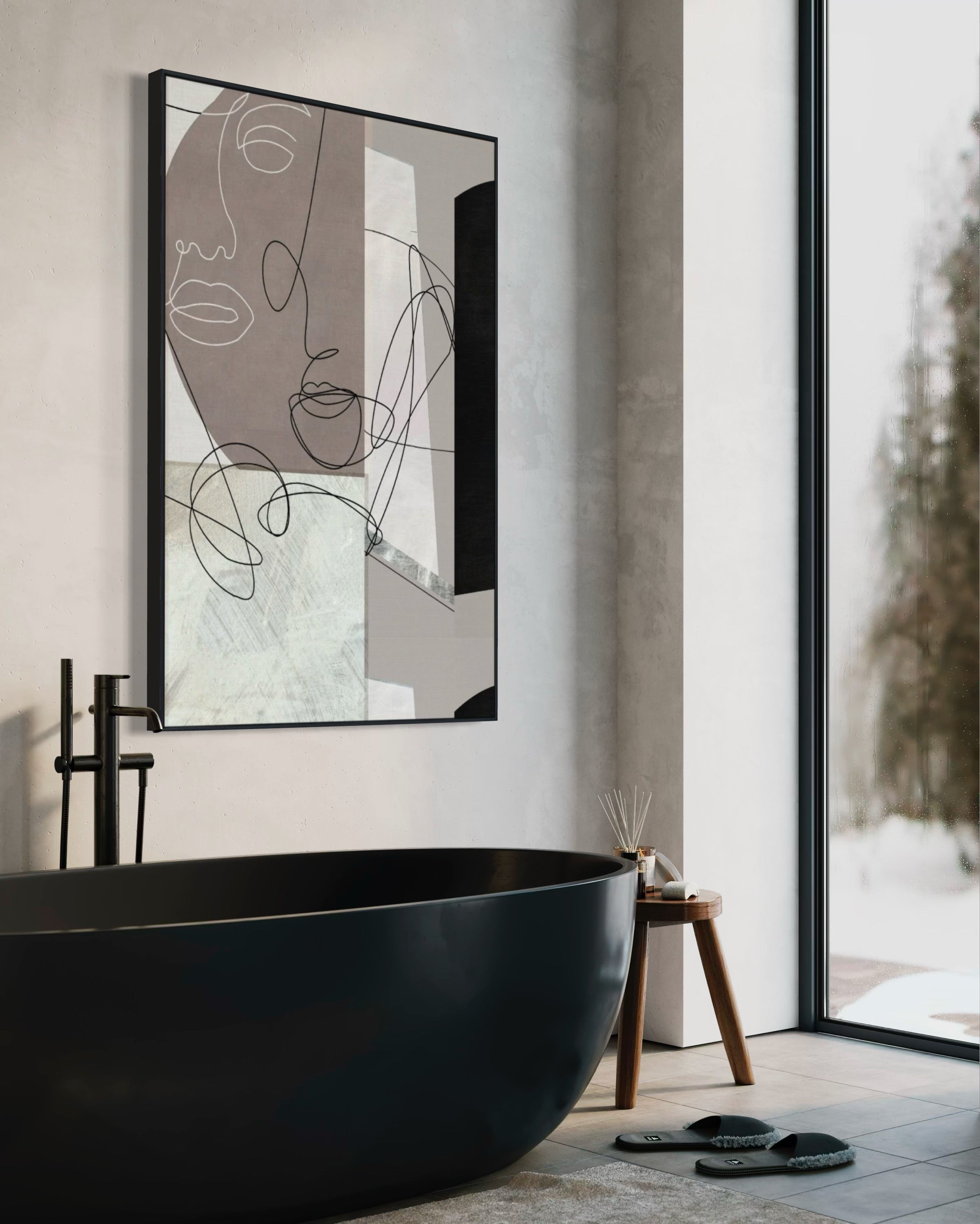 Cuadro Decorativo Abstracto Negro Arena 244 Silueta Rostros Femeninos Arte Lineal Moderno y Minimalista Nordico Tonos Neutros