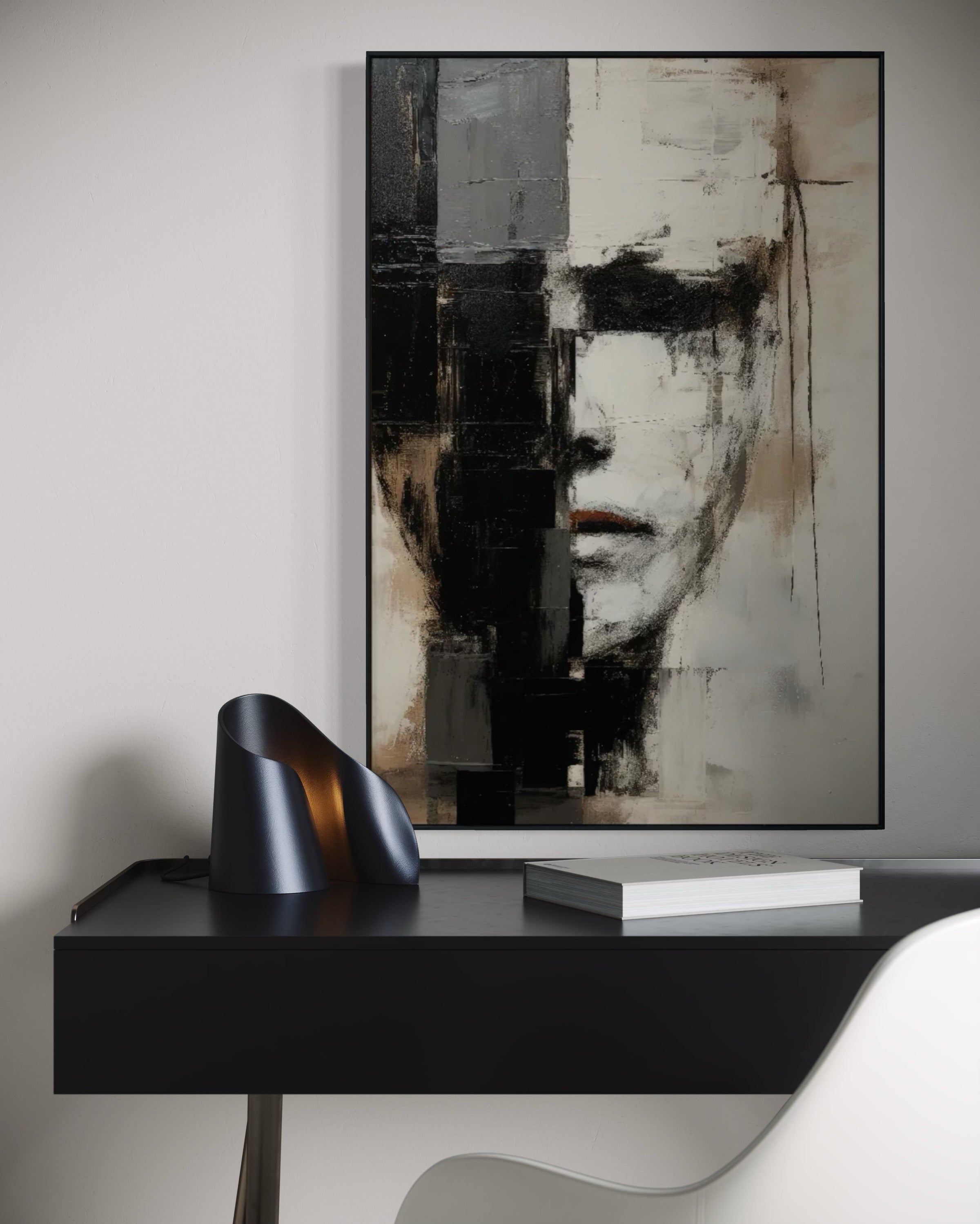 Cuadro Decorativo Abstracto Negro Arena 2-205 Rostro Estilo Nordico Cara Moderna en Tonos Neutros