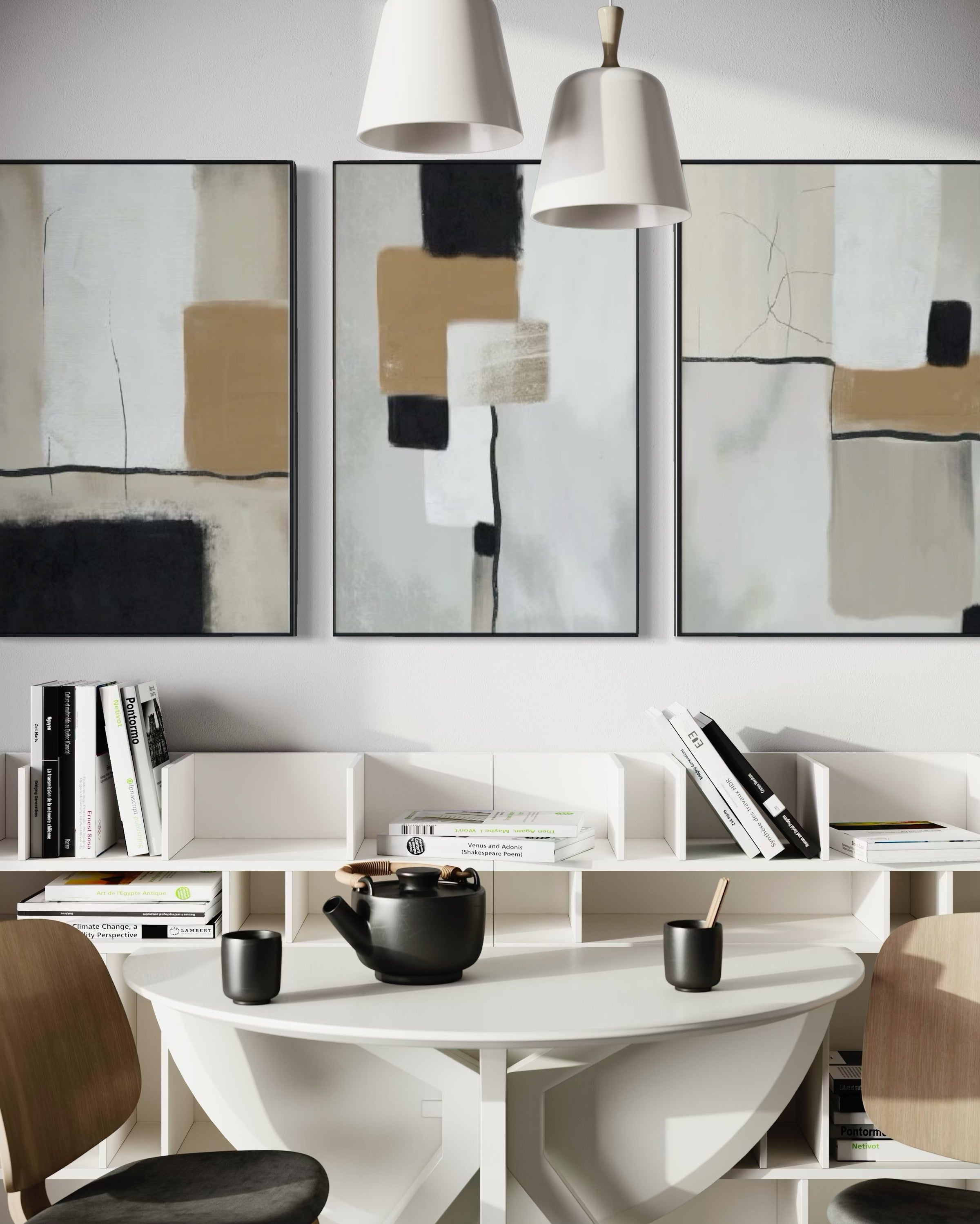 Set Cuadros Decorativos Abstracto Negro Arena 2 - 217 - Tríptico Minimalista y Moderno Arte Estilo Nordico Boho Tonos Neutros