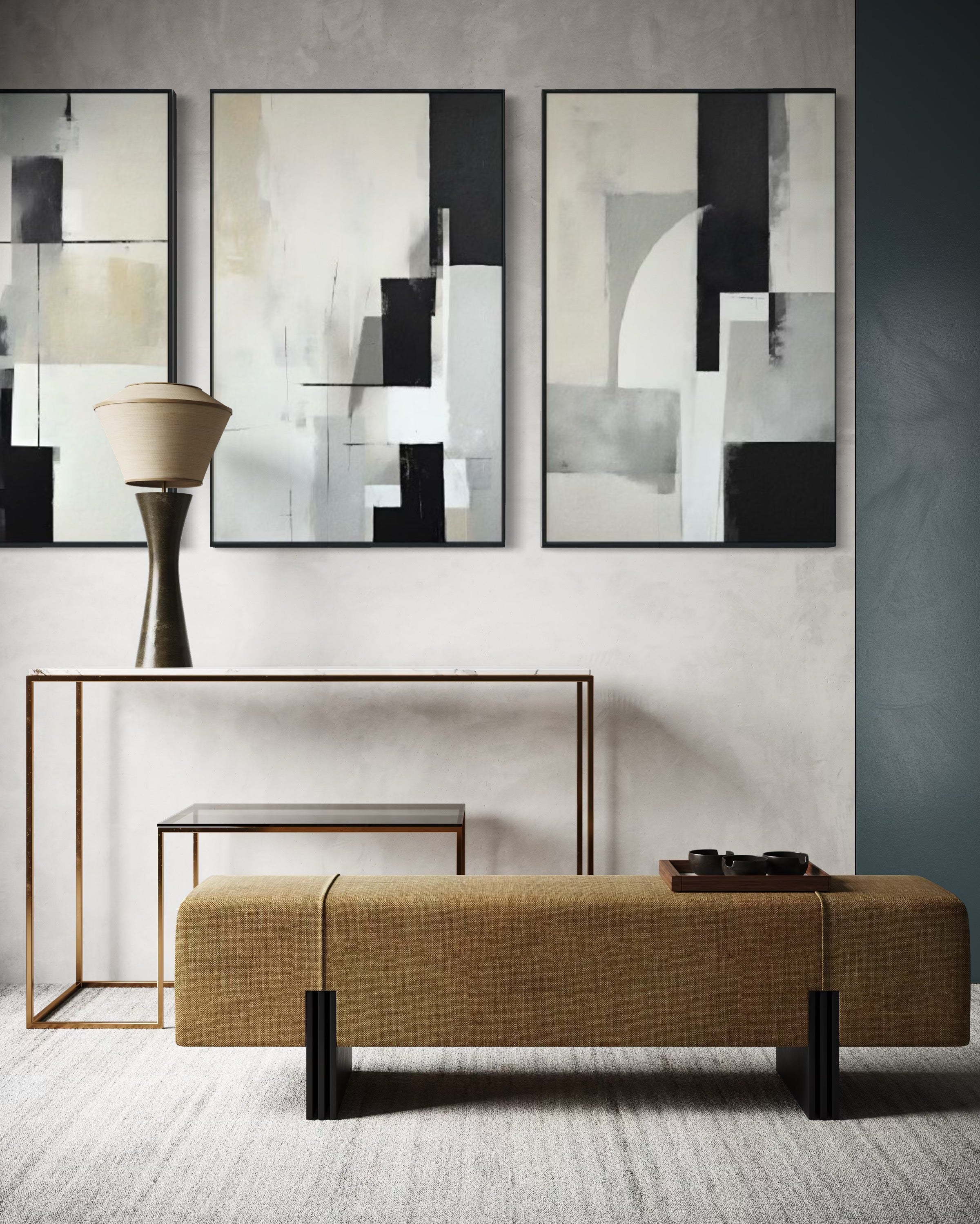 Set Cuadros Decorativos Abstracto Negro Arena 2-227 - Triptico Moderno y Elegante Arte Minimalista Estilo Nordico en Tonos Neutros