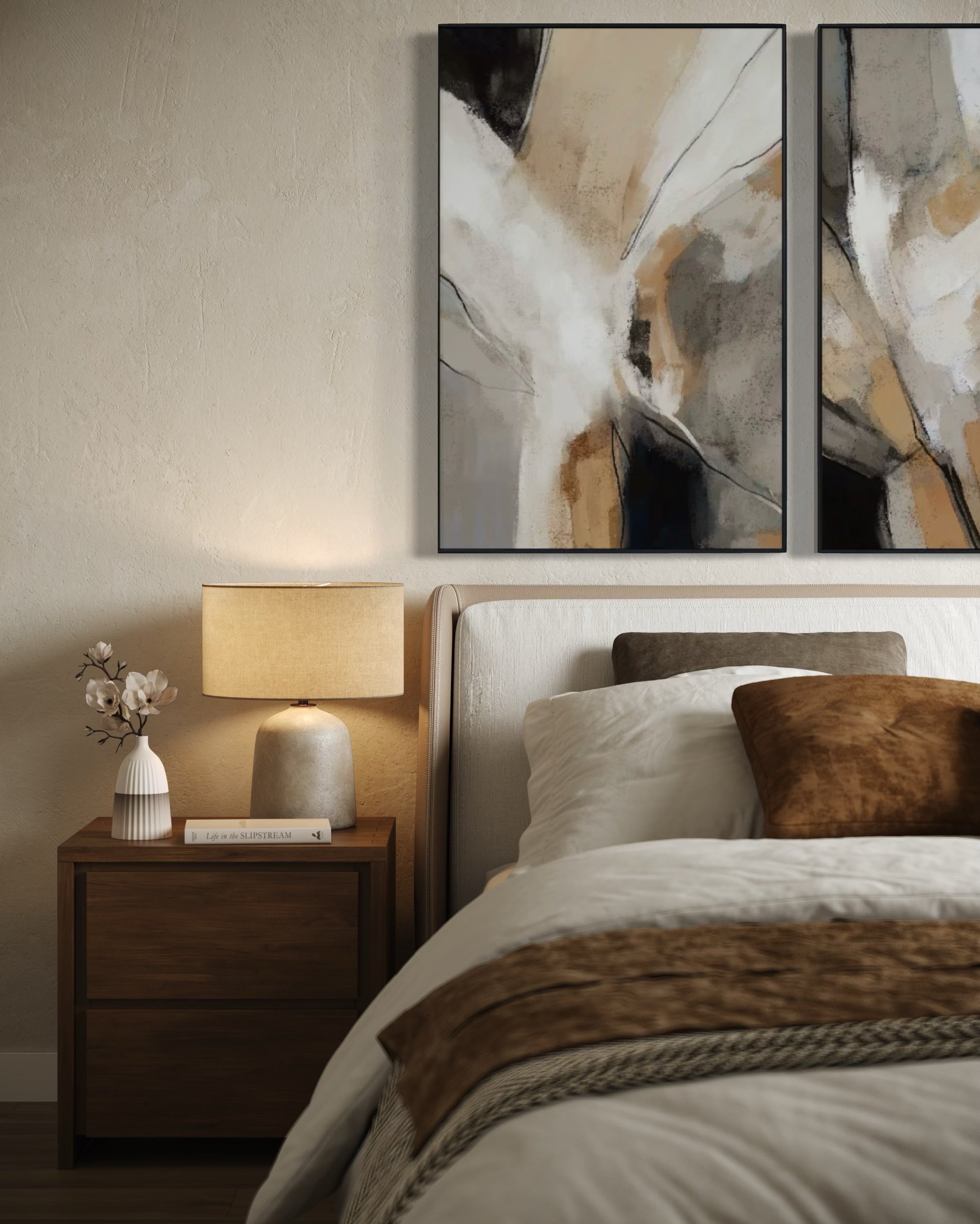 Set Cuadros Decorativos Abstracto Negro Arena 2 - 206 - Diptico Modernos Arte Minimalista estilo Boho en Tonos Neutros Cálidos