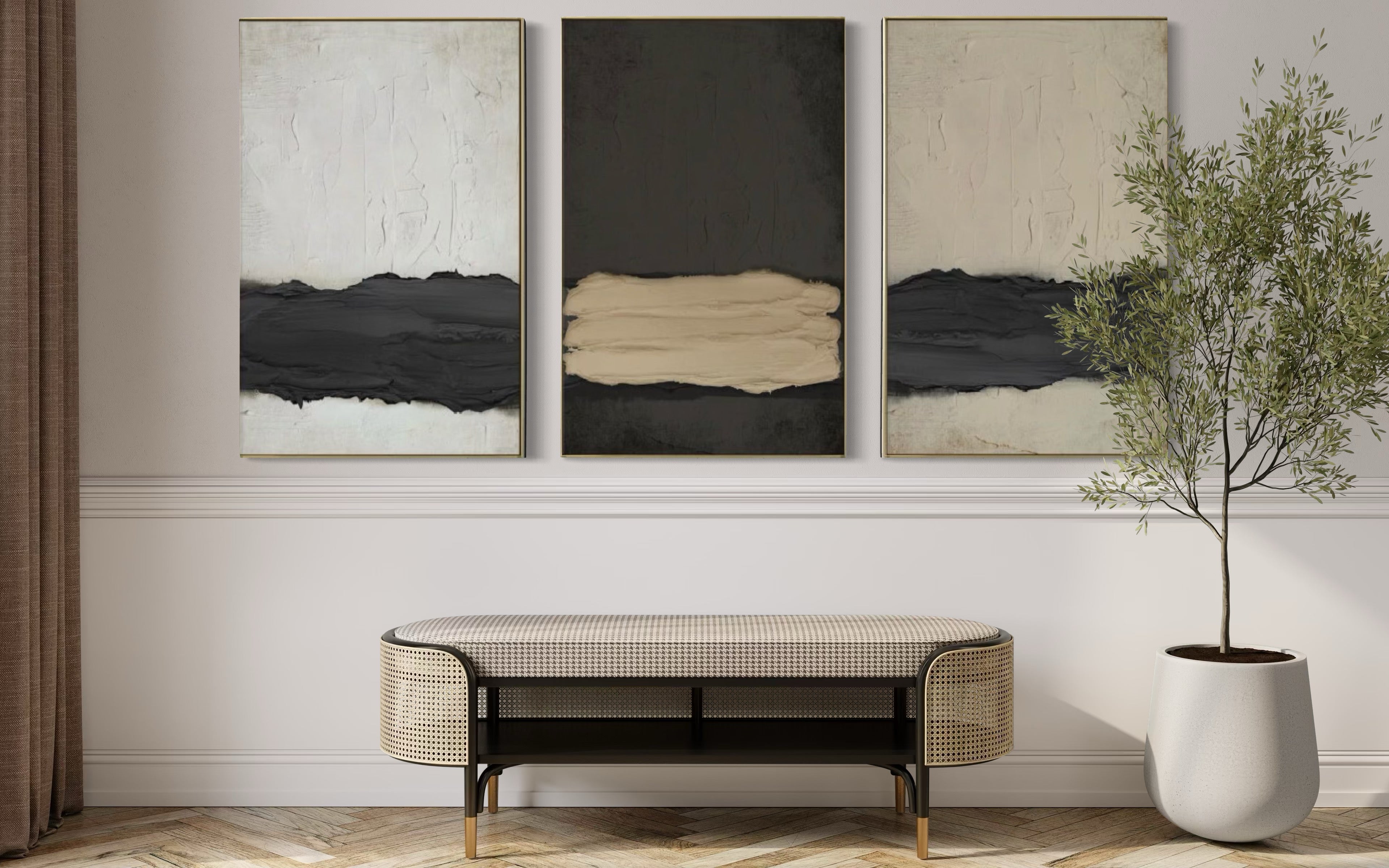 Set Cuadros Decorativos Abstracto Negro Arena 2 - 241 - Triptico Moderno y Elegante Arte Minimalista Estilo Nordico Tonos Neutros