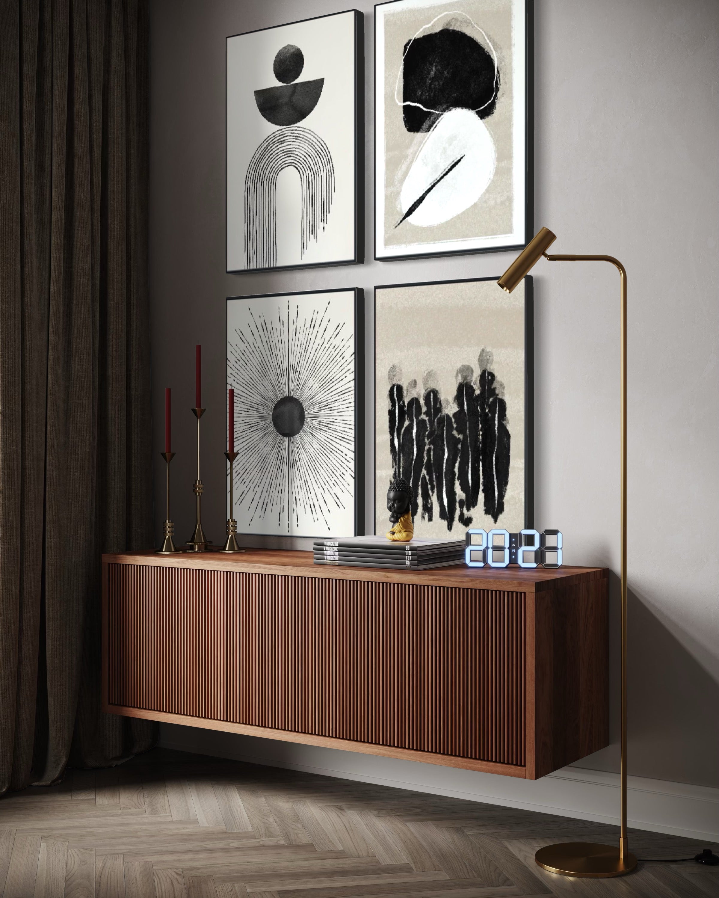 Set Cuadros Decorativos Abstracto Negro Arena 2 - 226C - 4piezas Arte Moderno y Elegante Estilo Nordico Boho en Tonos Neutros