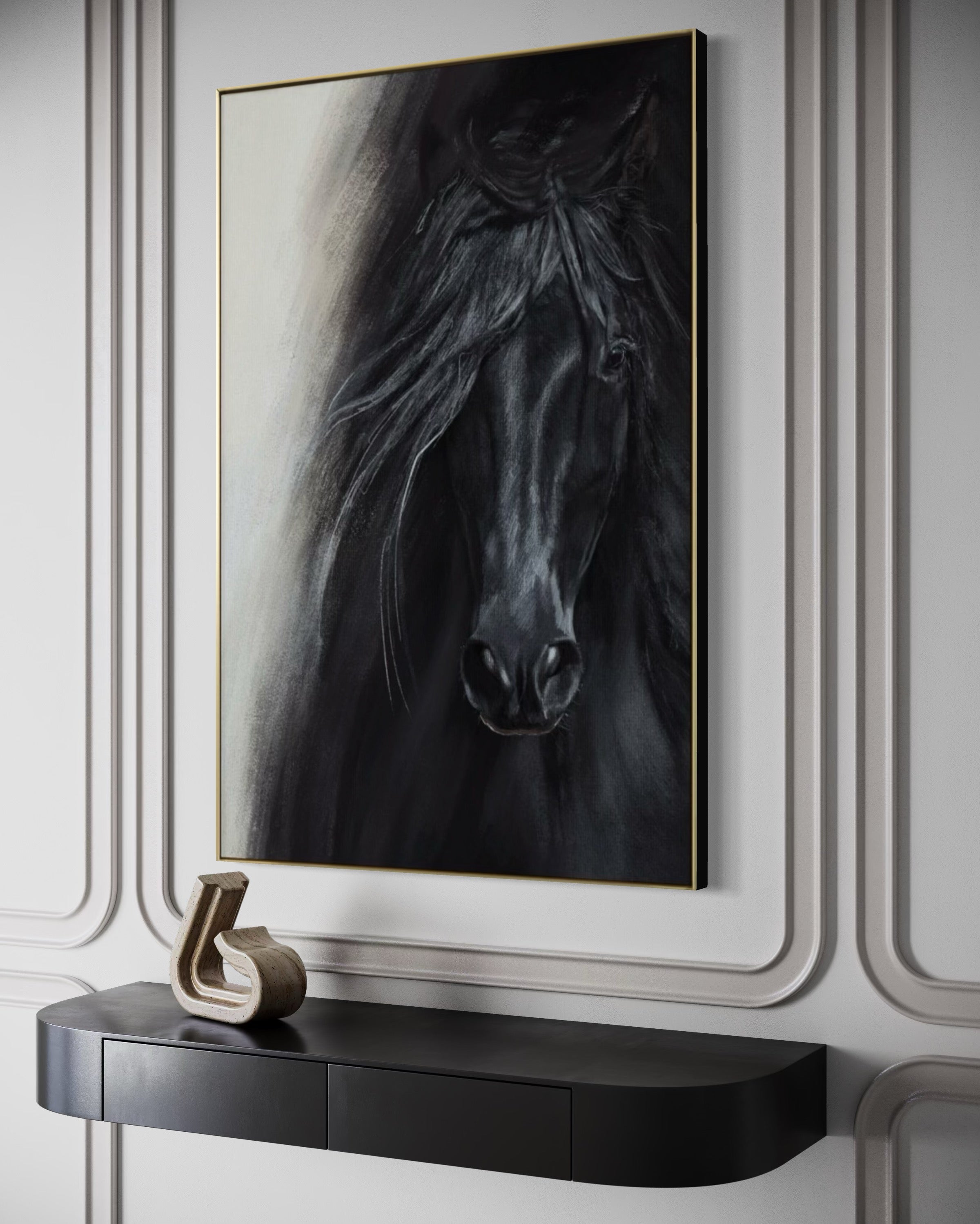 Cuadro Decorativo Abstracto Negro Arena 2-262 - Caballo Negro Arte Moderno Estilo Boho en tonos Neutros