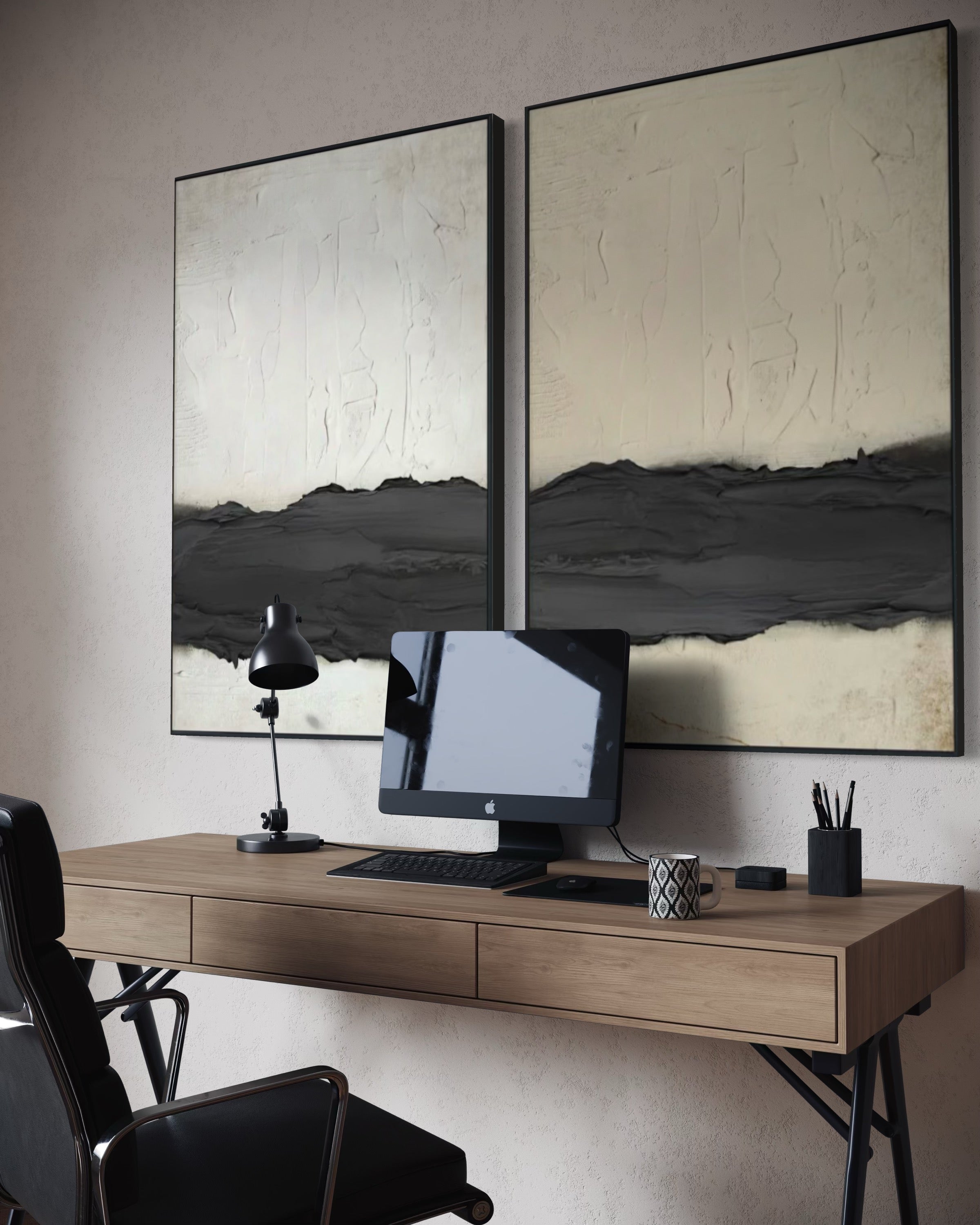 Set Cuadros Decorativos Abstracto Negro Arena 2-241 - Diptico Moderno y Minimalista Arte Estilo Nordico Tonos Neutros