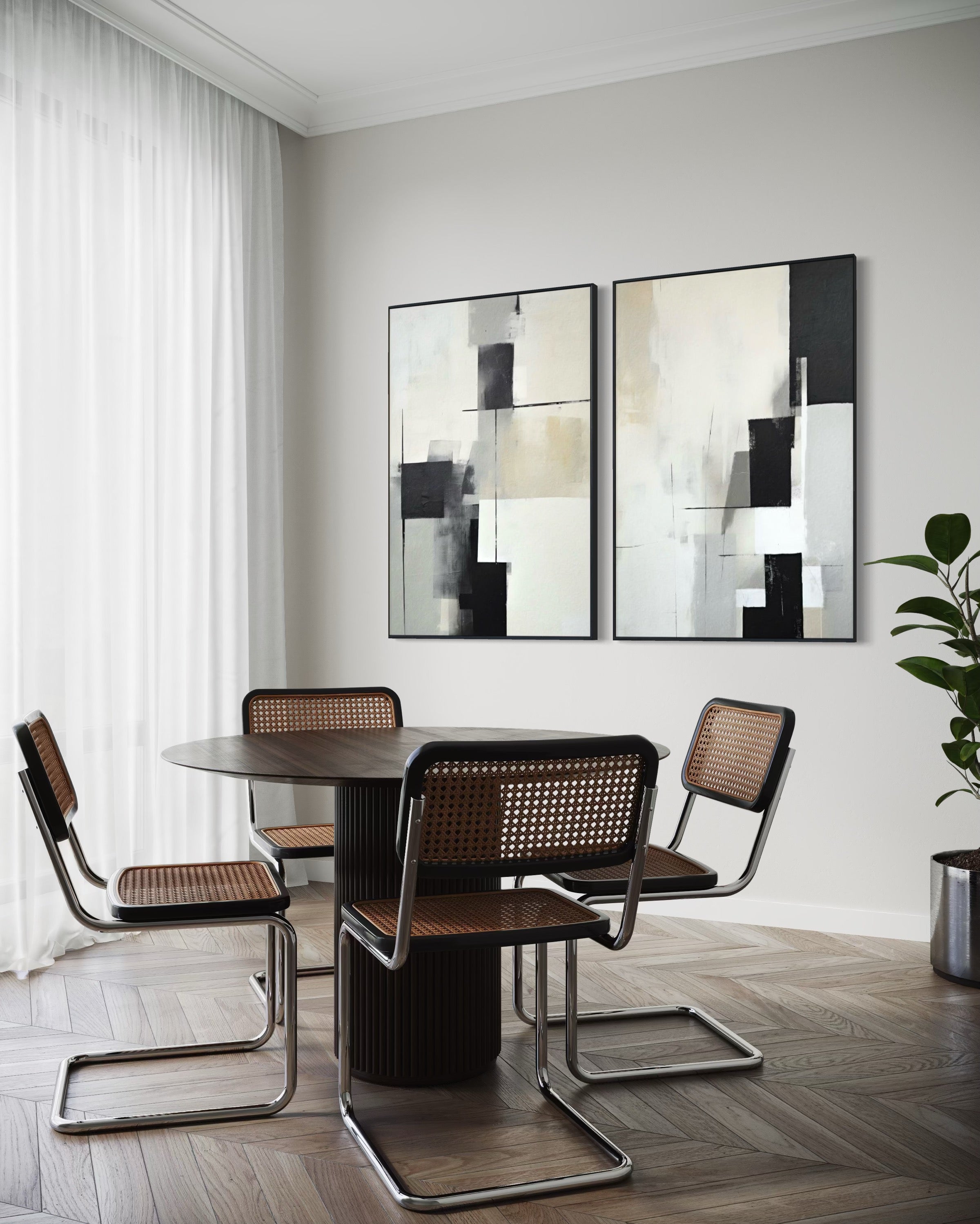 Set Cuadros Decorativos Abstracto Negro Arena 2 - 227 - Diptico Moderno y Minimalista Arte Estilo Nordico en Negro, Beige y Gris Tonos Neutros