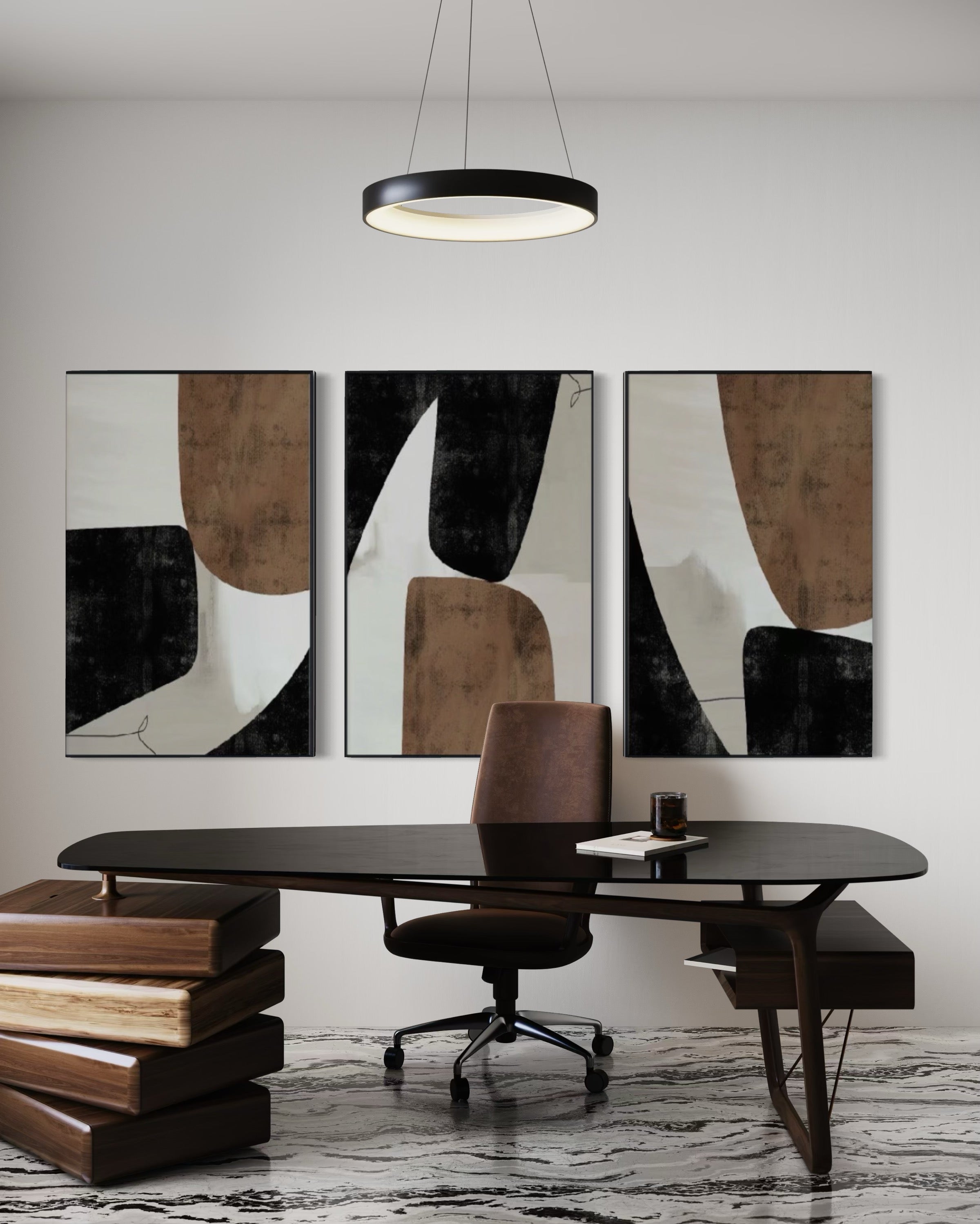 Set Cuadros Decorativos Abstracto Negro Arena 2-208 - Triptico Minimalista Estilo Nordico Arte Moderno y Elegante en Tonos Neutros