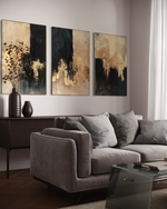Cargar imagen en el visor de la galería, Set Cuadros Decorativos Abstracto Negro Arena 2-275- Triptico Moderno y Elegante en Negro, Beige y Dorado Oro
