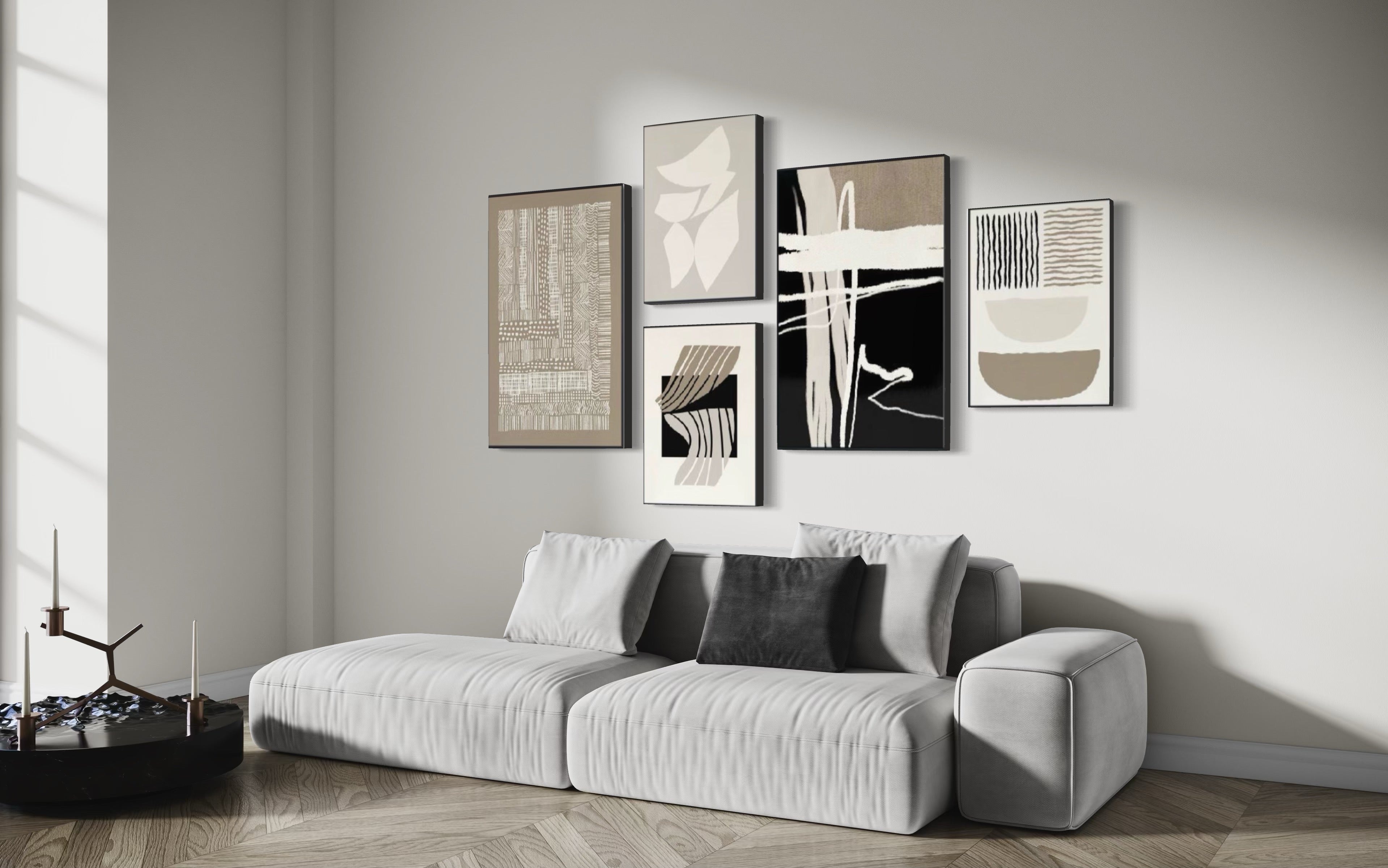 Set Cuadros Decorativos Abstracto Negro Arena 2 - 218A - 5piezas Minimalistas Arte Moderno Estilo Nordico en Tonos Neutros