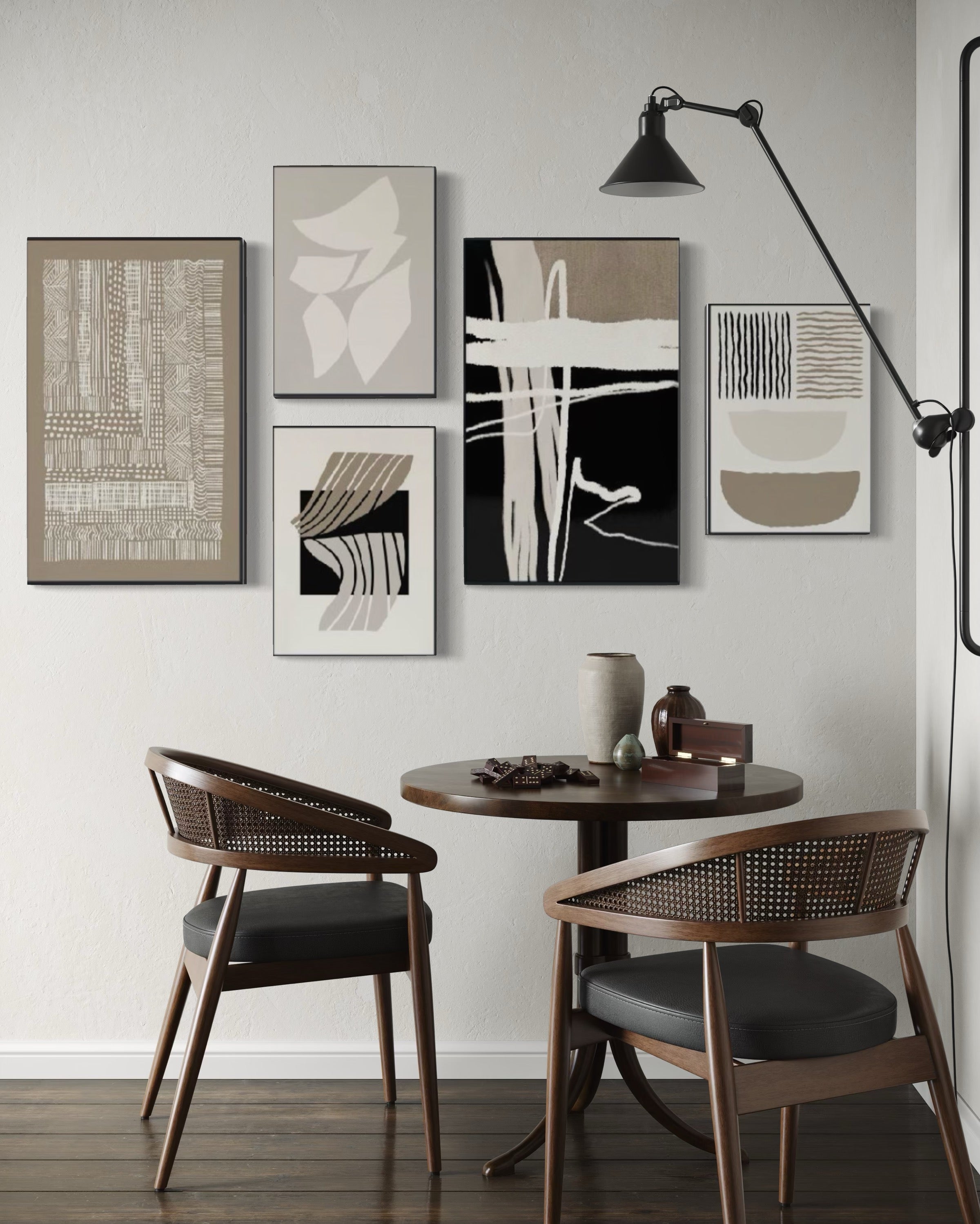 Set Cuadros Decorativos Abstracto Negro Arena 2 - 218A - 5piezas Minimalistas Arte Moderno Estilo Nordico en Tonos Neutros