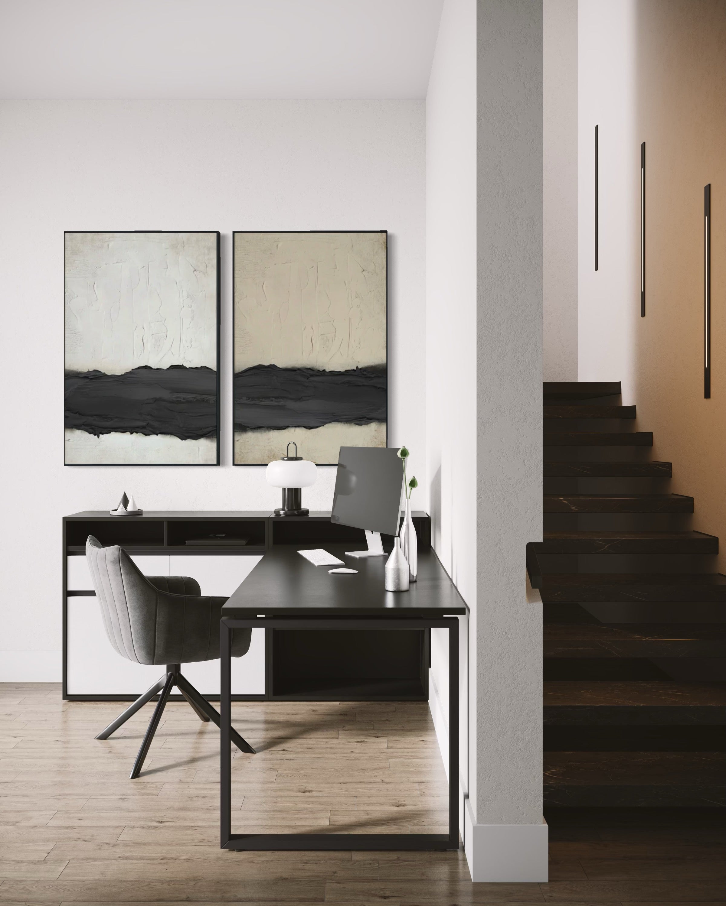 Set Cuadros Decorativos Abstracto Negro Arena 2-241 - Diptico Moderno y Minimalista Arte Estilo Nordico Tonos Neutros