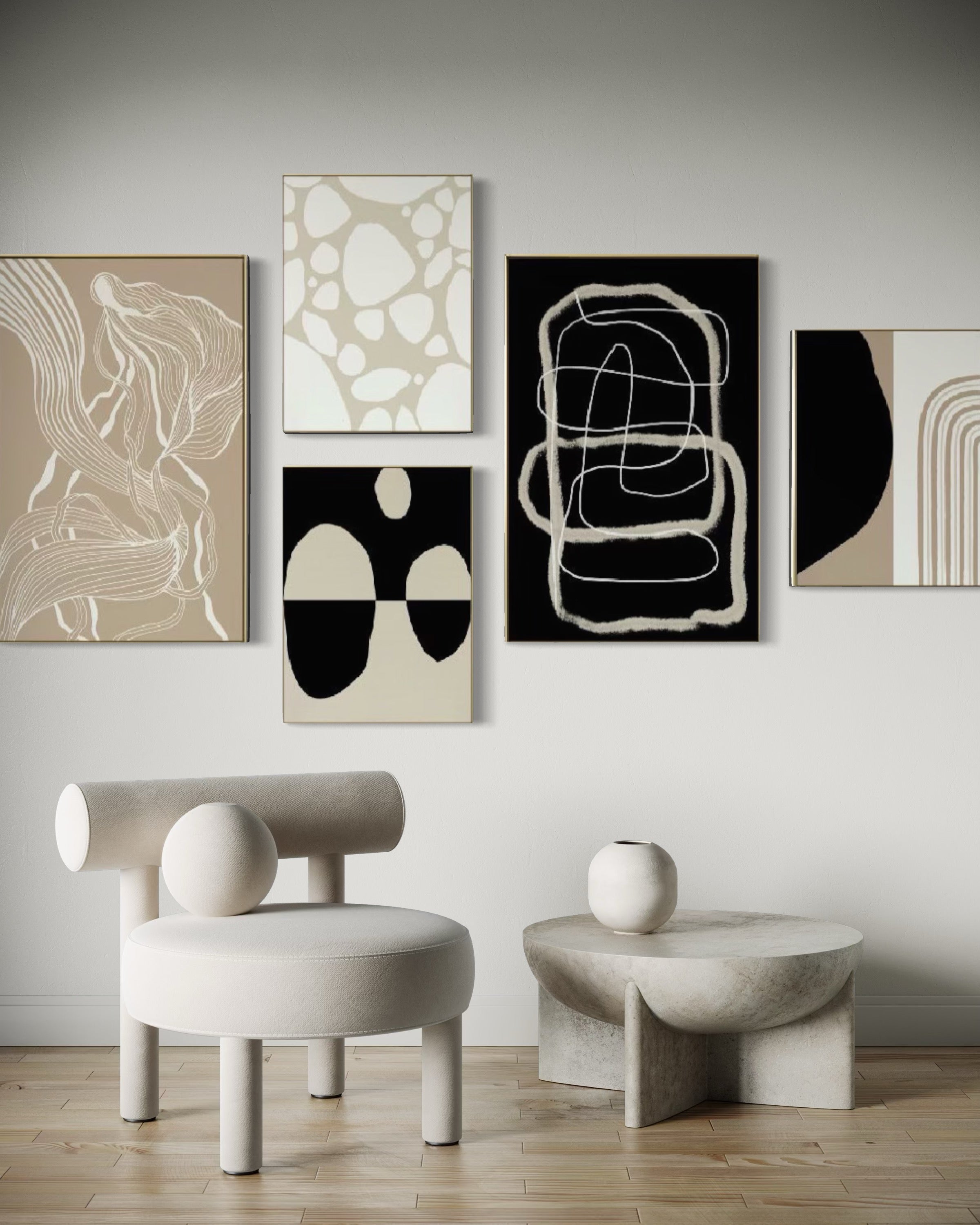 Set Cuadros Decorativos Abstracto Negro Arena 2 - 230A- 5piezas Arte Moderno Estilo Nordico Tonos Neutros