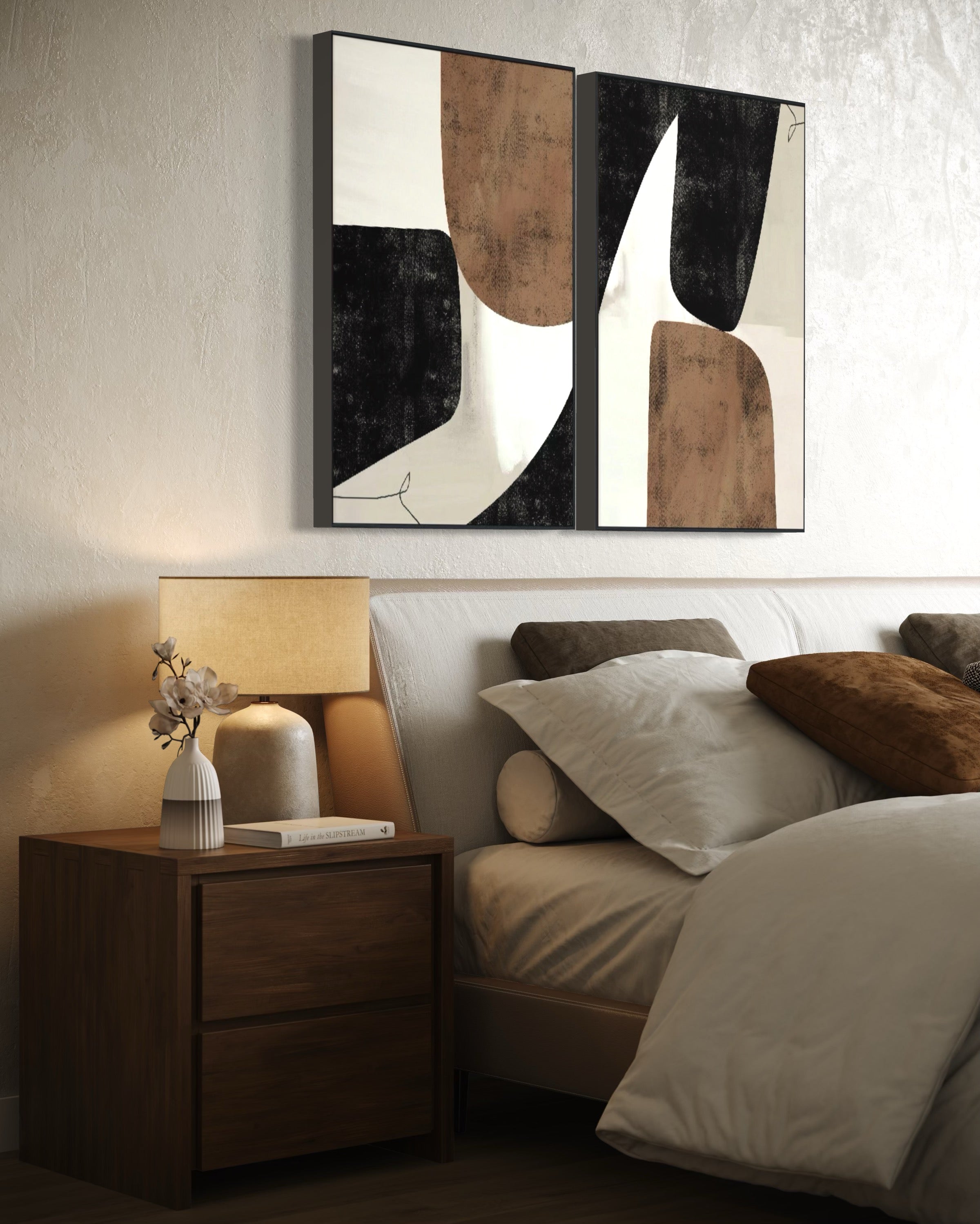 Set Cuadros Decorativos Abstracto Negro Arena 2 - 208 - Diptico Moderno y Elegante Estilo Nordico Boho en Tonos Neutros