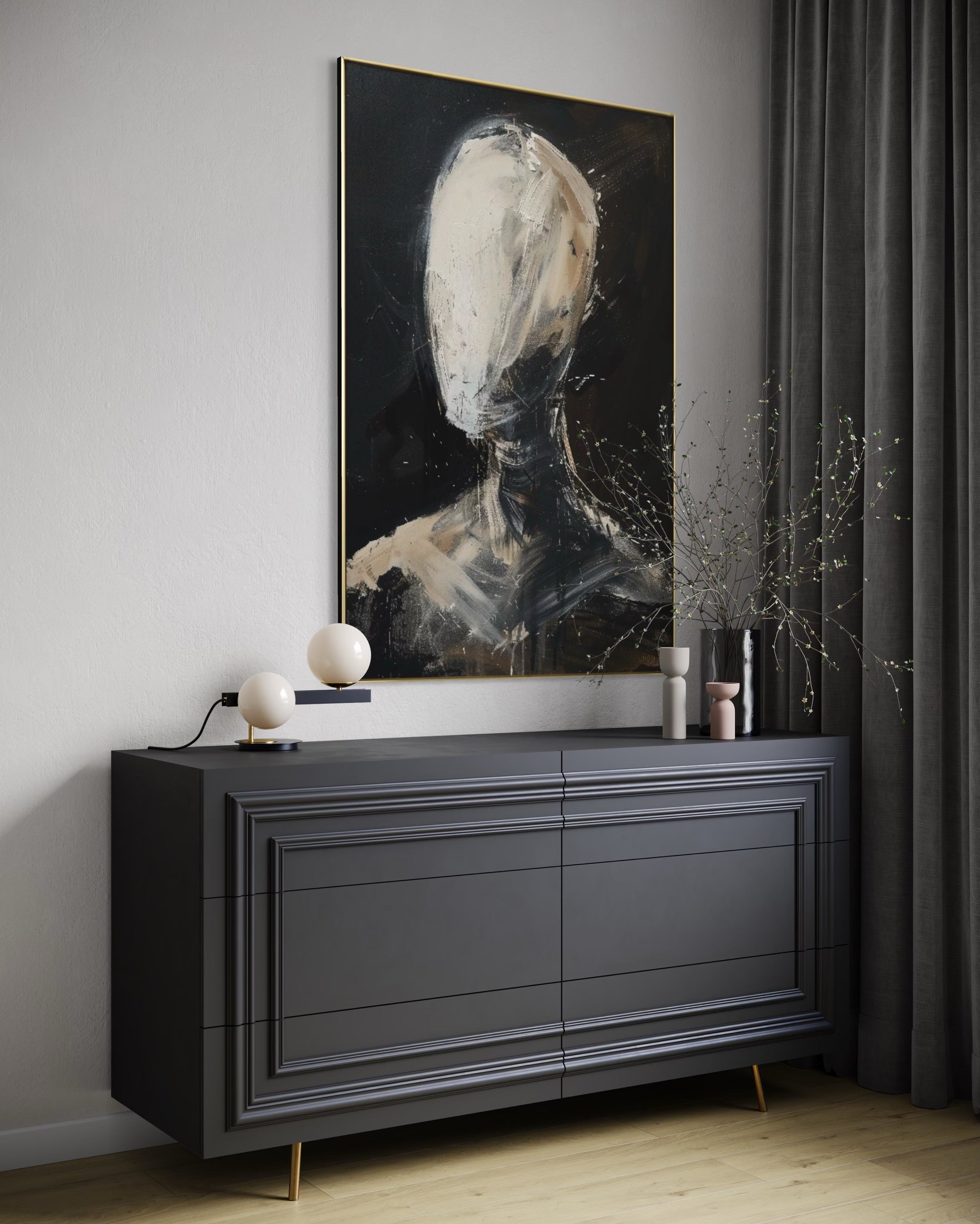 Cuadro Decorativo Abstracto Negro Arena 2-219 Rostro Moderno Arte Minimalista Cara en Beige y Negro Tonos Neutros