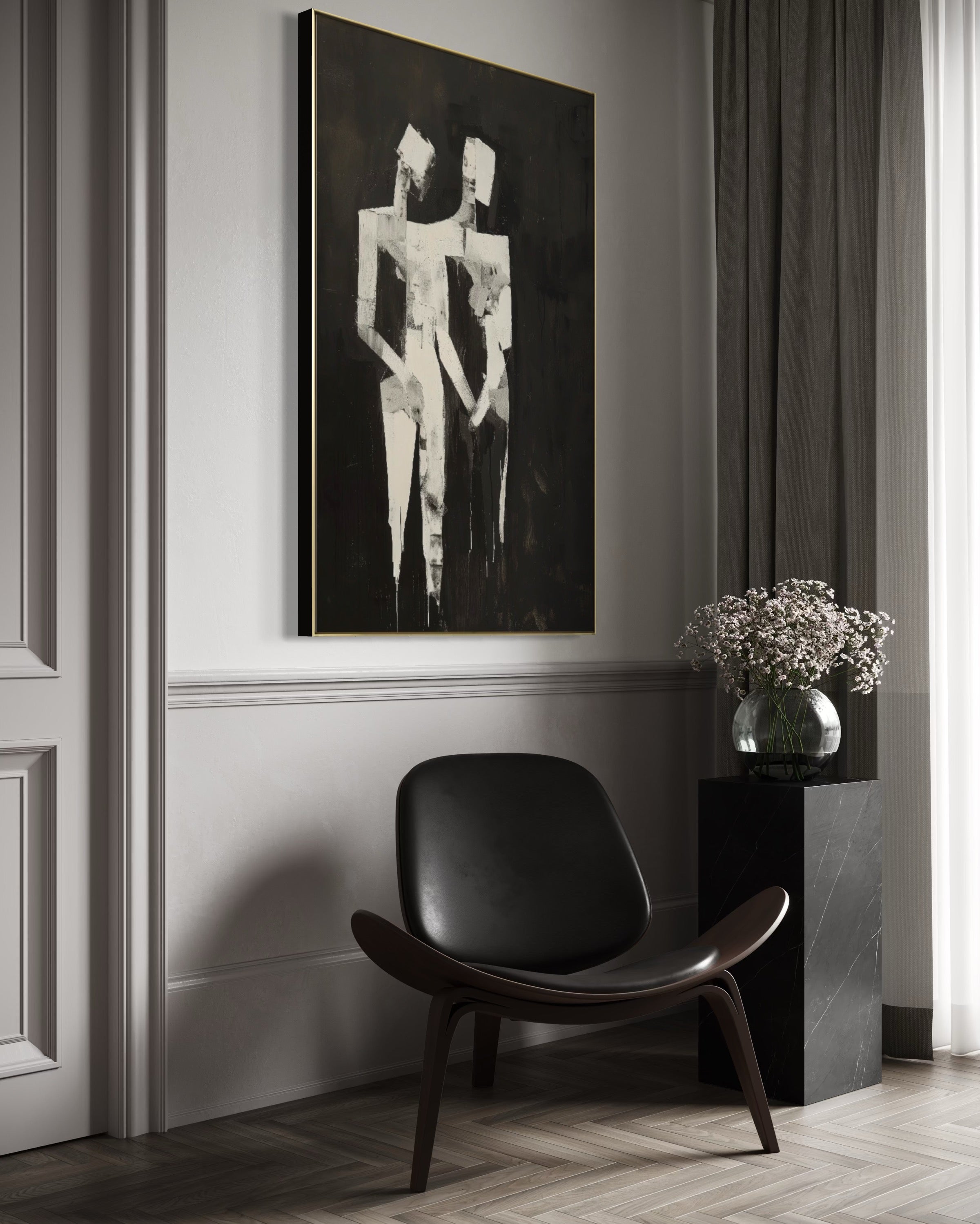 Cuadro Decorativo Abstracto Negro Arena 2-224 Siluetas de Pareja Arte Moderno y Minimalista en Beige y Negro Tonos Neutros