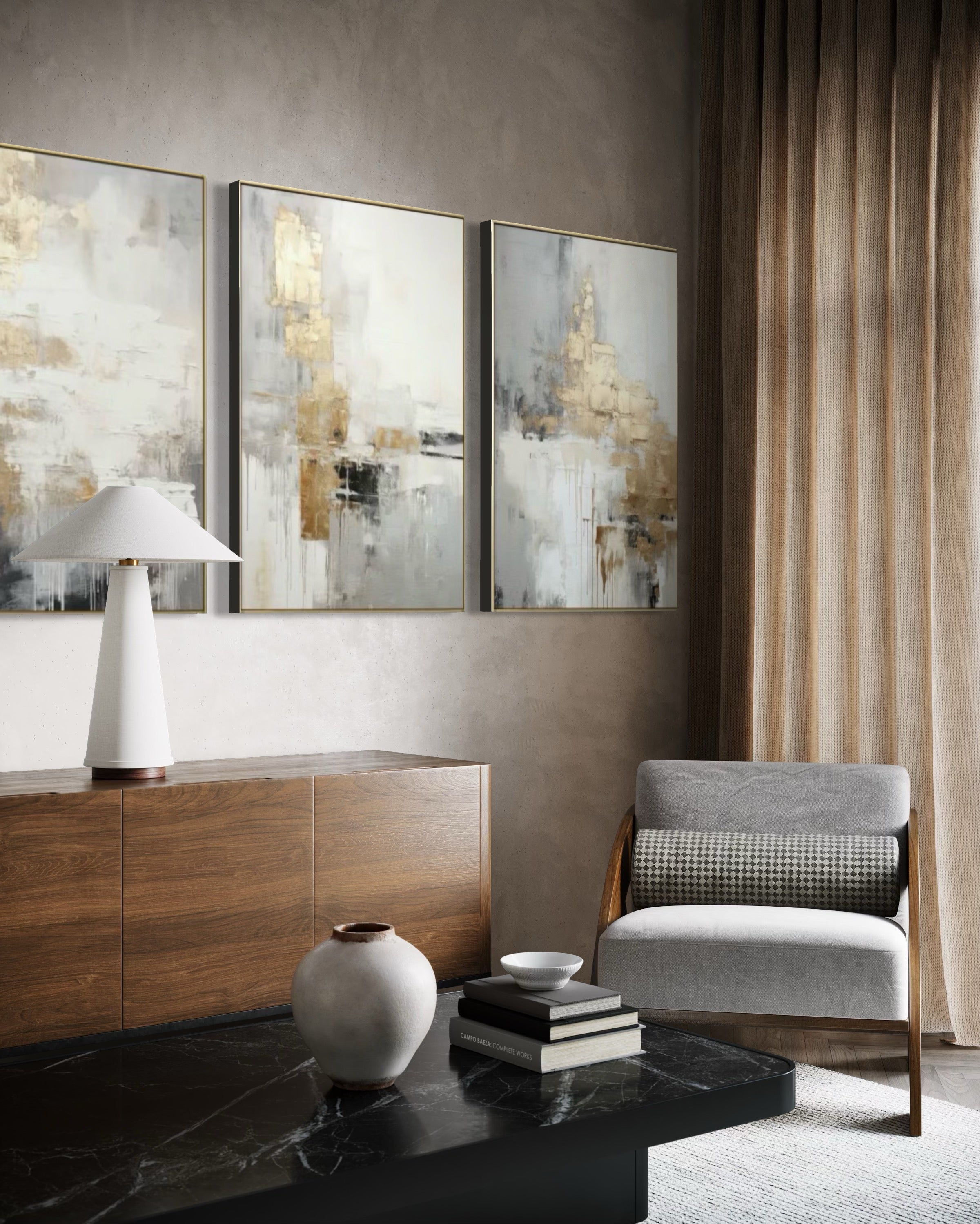 Set Cuadros Decorativos Abstracto Negro Arena 2-271 -Triptico  Moderno y Elegante en Tonos Negro, Gris, Beige y Dorado Oro