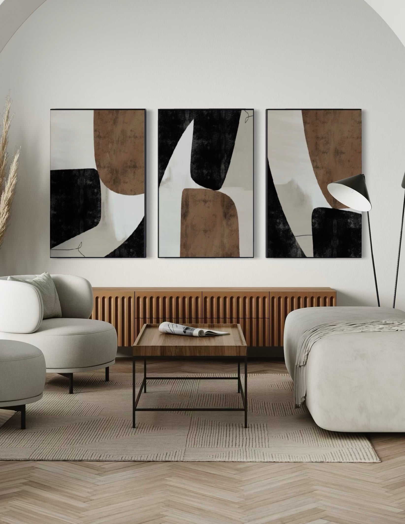 Set Cuadros Decorativos Abstracto Negro Arena 2-208 - Triptico Minimalista Estilo Nordico Arte Moderno y Elegante en Tonos Neutros