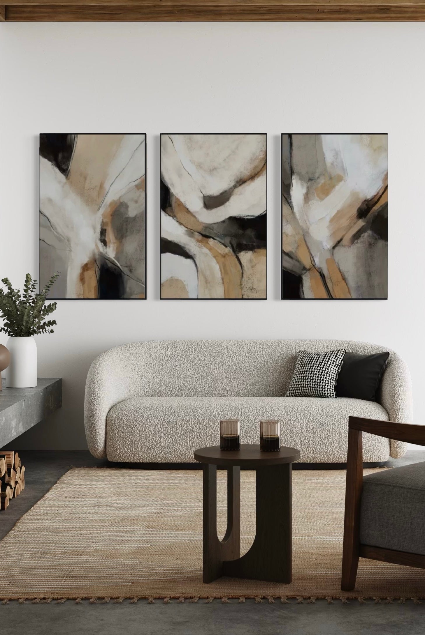 Set Cuadros Decorativos Abstracto Negro Arena 2 - 206 - Triptico Minimalista Arte Moderno y Elegante Estilo Nordico en Tonos Neutros