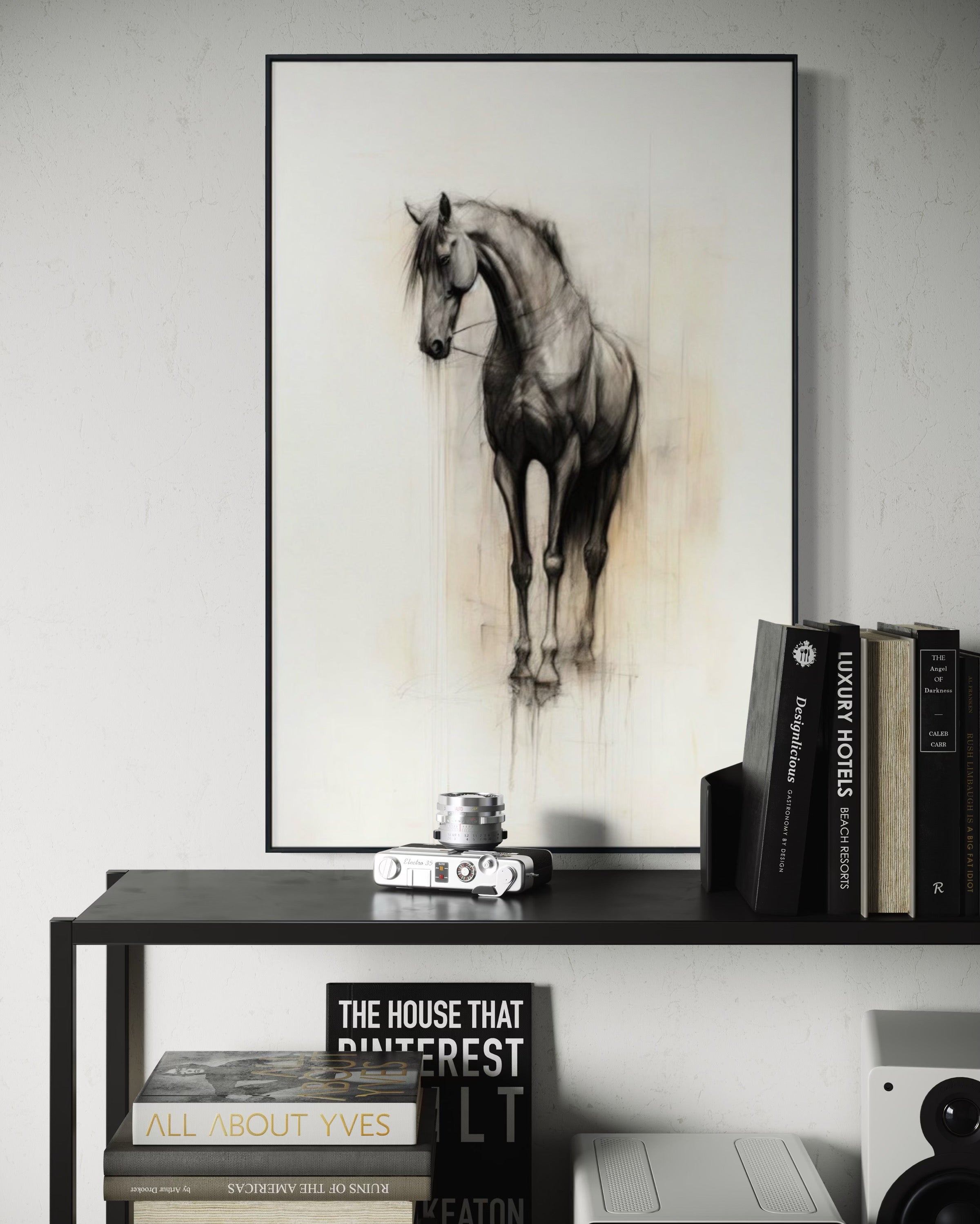 Cuadro Decorativo Abstracto Negro Arena 2 - 260 - Boceto de Caballo Negro Ate Moderno y Minimalista Estilo Nordico Tonos Neutros