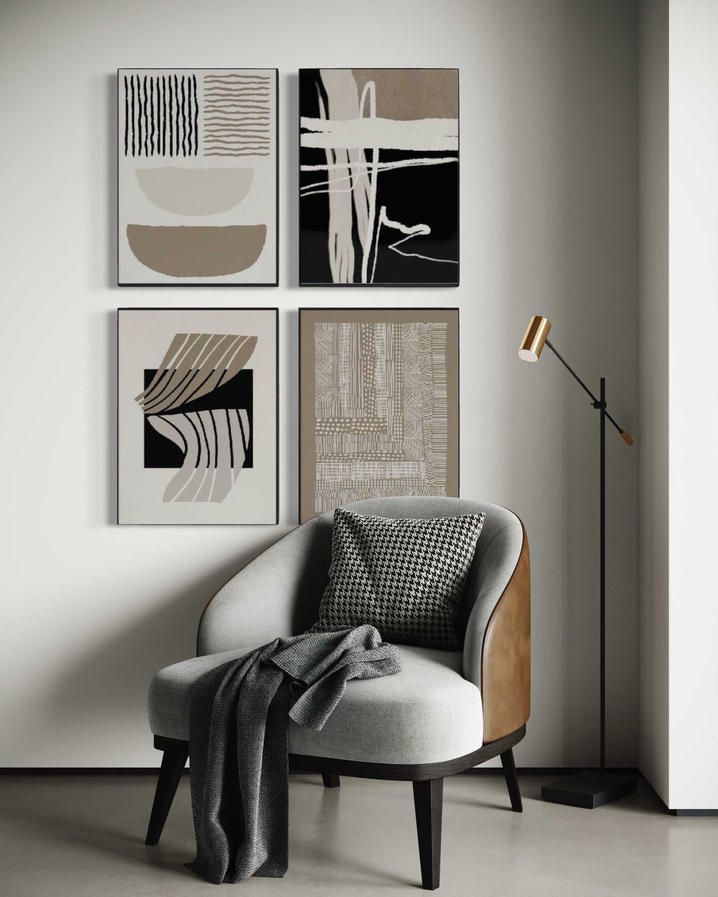 Set Cuadros Decorativos Abstracto Negro Arena 2 - 218 C - 4piezas Arte Moderno y Minimalista Estilo Boho Nordico Tonos Neutros