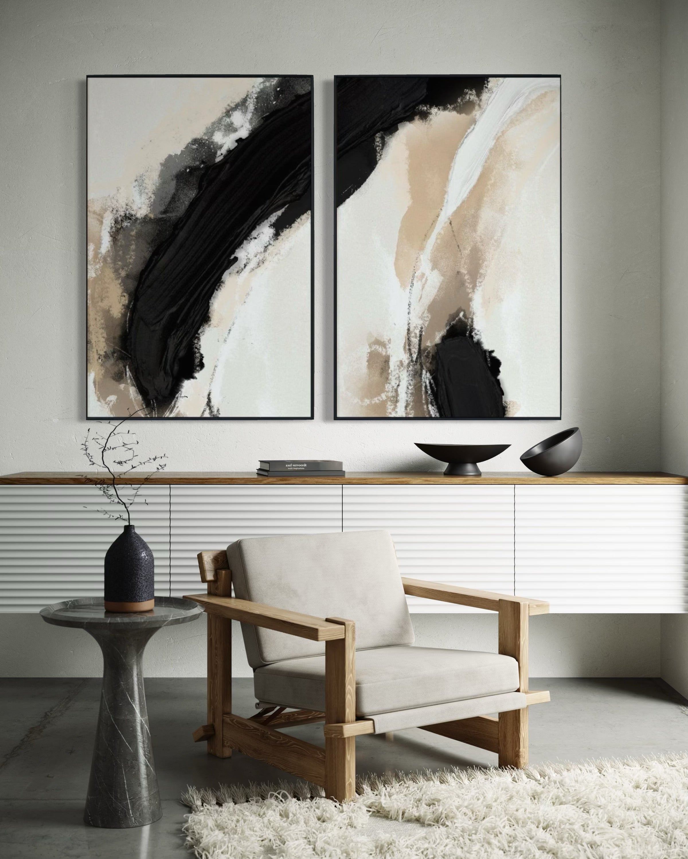 Set Cuadros Decorativos Abstracto Negro Arena 2 - 212 - Diptico Moderno y Minimalista en Tonos Negro y Beige Colores Neutros Estilo Nordico