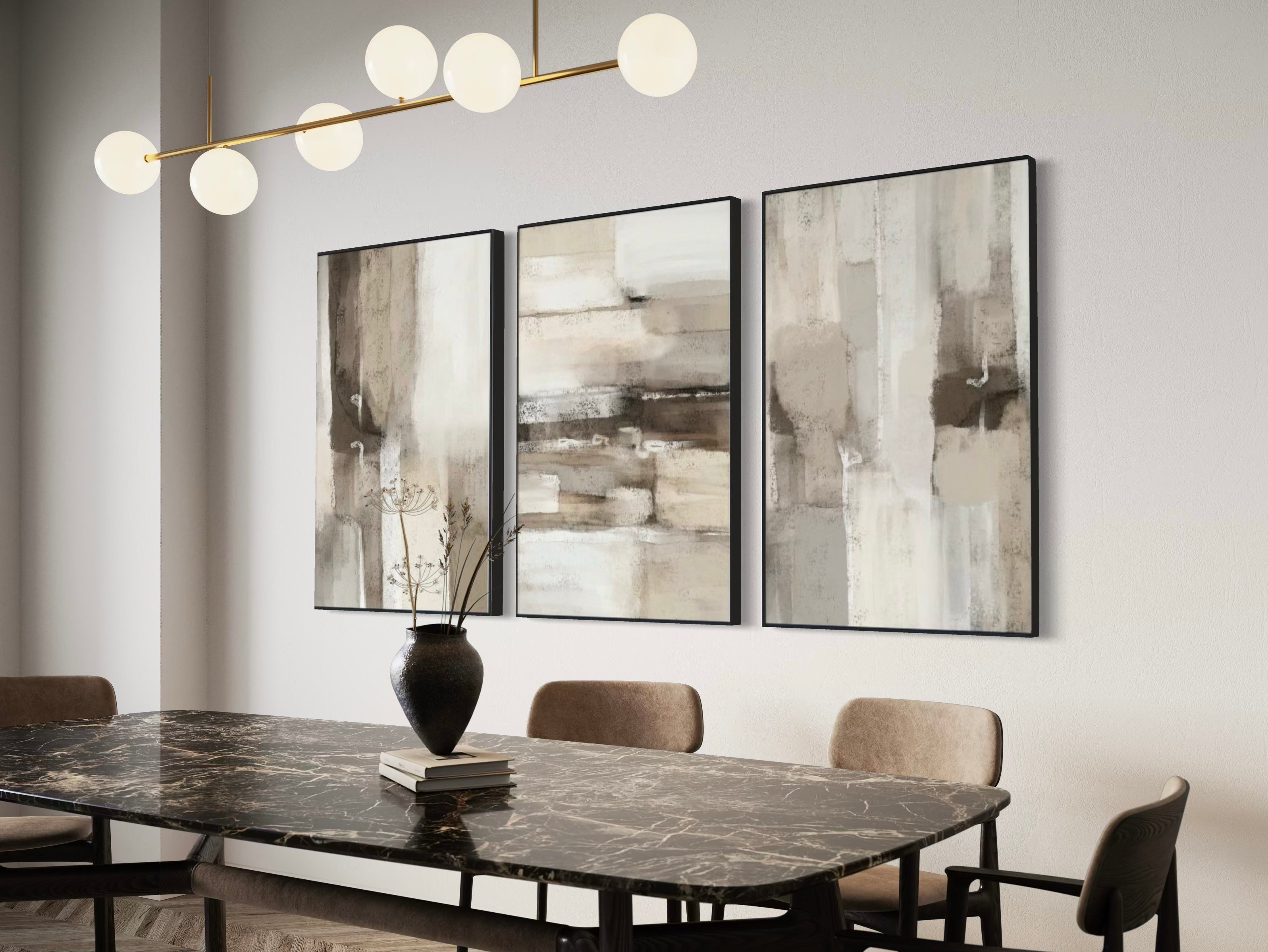 Set Cuadros Decorativos Abstracto Negro Arena 2 - 211 - Triptico En tonos Beige y Cafe Colores Neutros Arte Moderno Estilo Boho Nordico