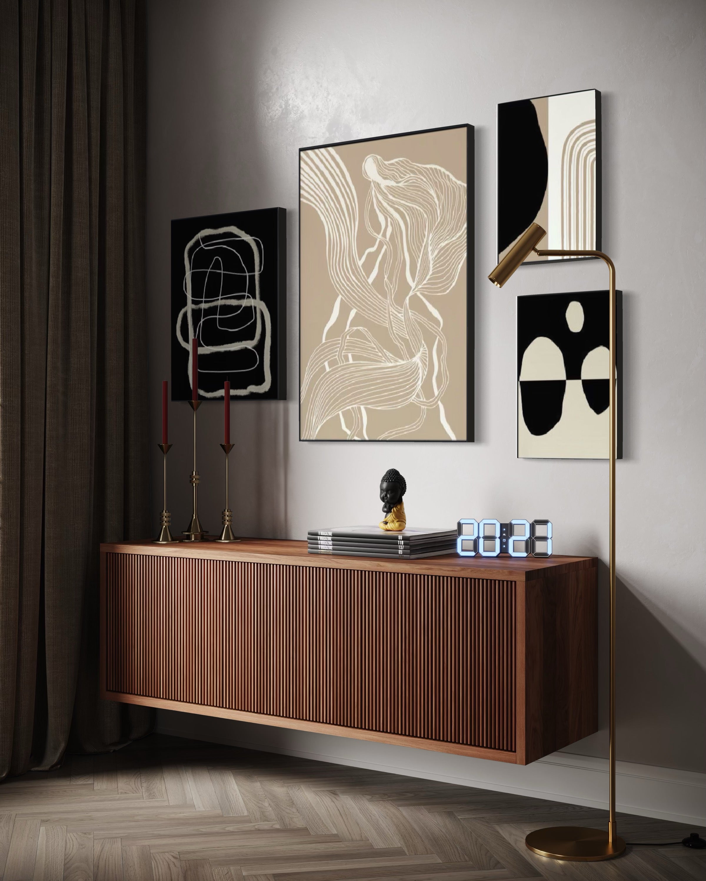 Set Cuadros Decorativos Abstracto Negro Arena 2 - 230 B - 4piezas Arte Moderno y Minimalista Estilo Nordico Tonos Neutros