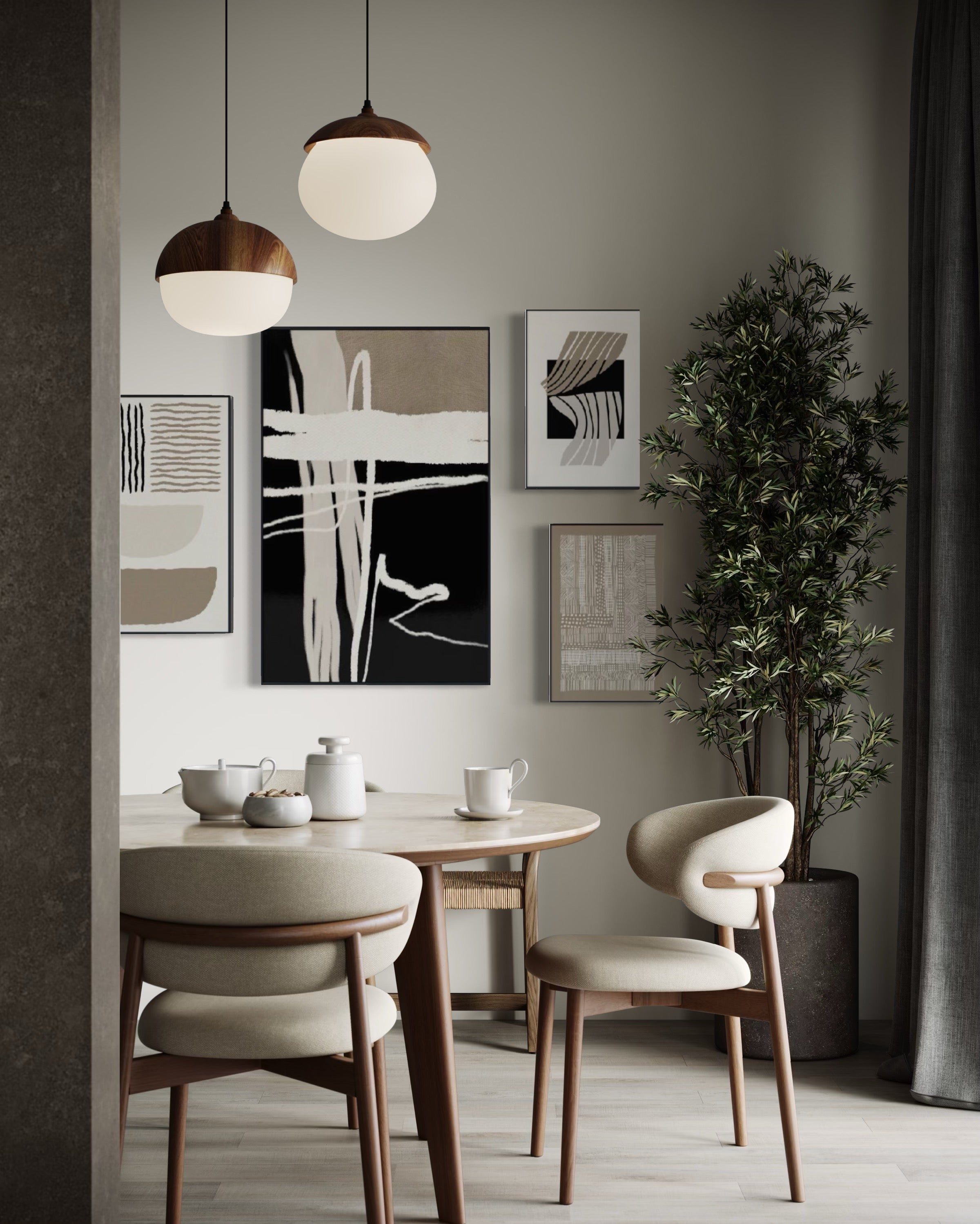 Set Cuadros Decorativos Abstracto Negro Arena 2-218 B - 4piezas Minimalistas Arte Moderno Estilo Nordico en Tonos Neutros