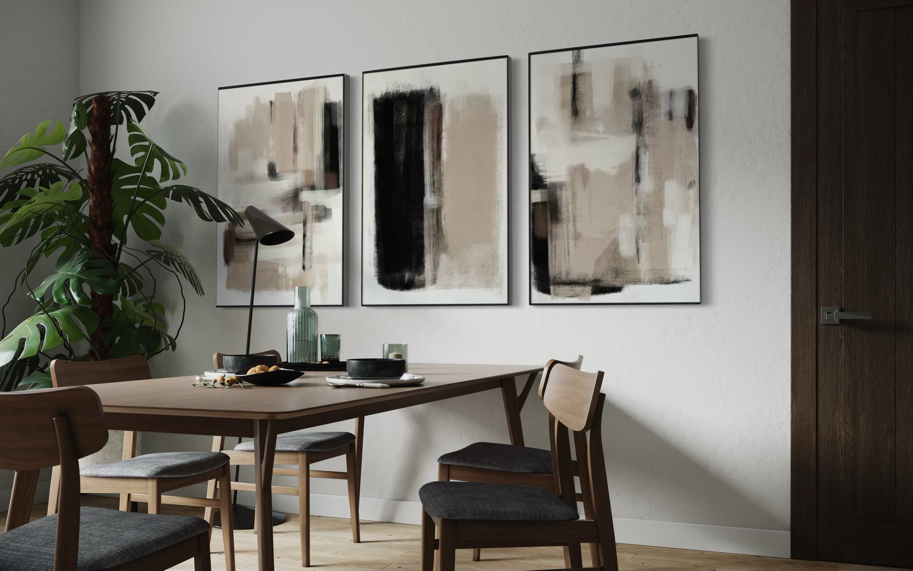 Set Cuadros Decorativos Abstracto Negro Arena 2 - 204 - Triptico Moderno Arte Minimalista estilo Nordico Boho en Tonos Neutros