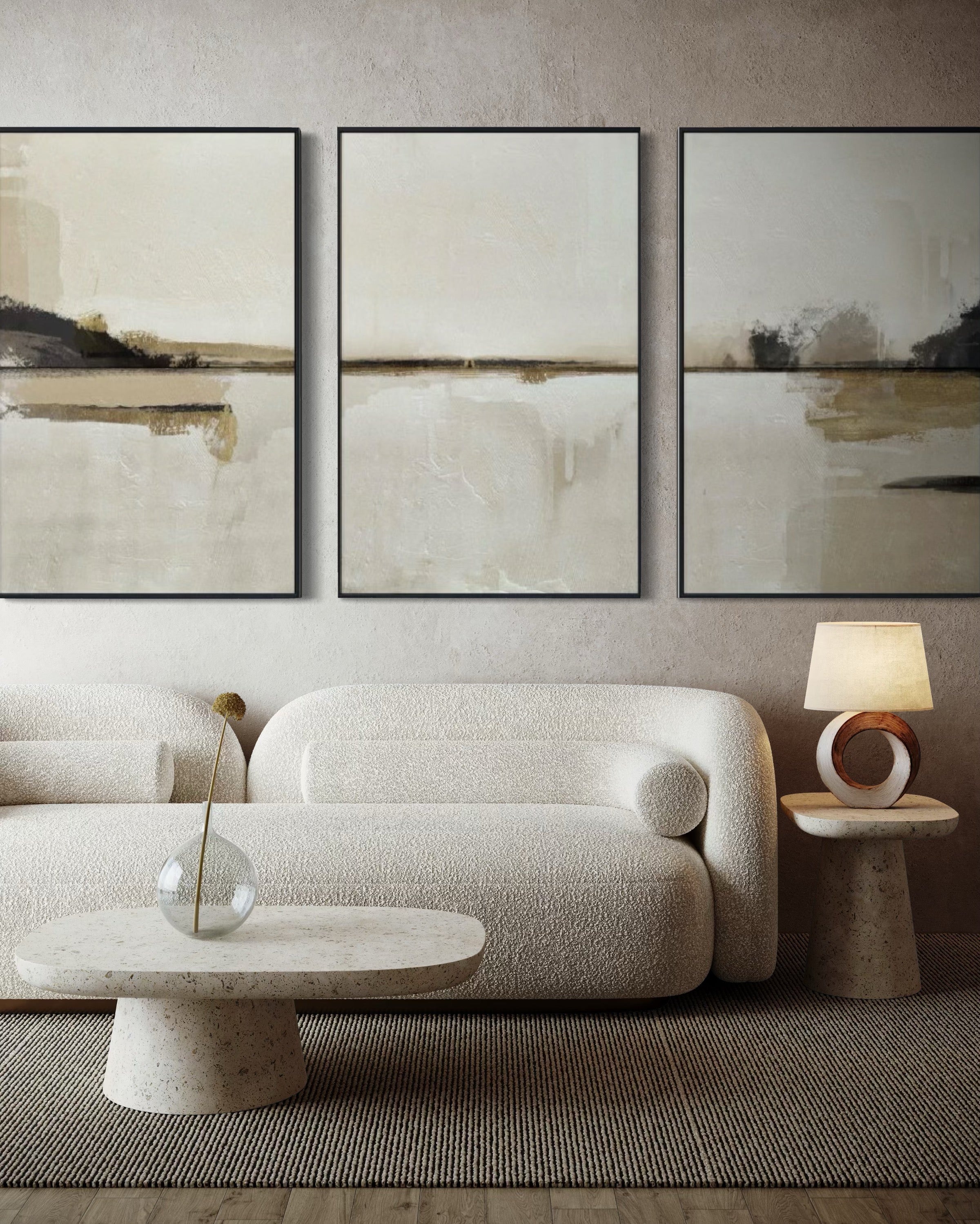 Set Cuadros Decorativos Abstracto Negro Arena 2 - 216 - Triptico Moderno y Elegante Arte Minimalista Estilo Nordico Tonos Neutros