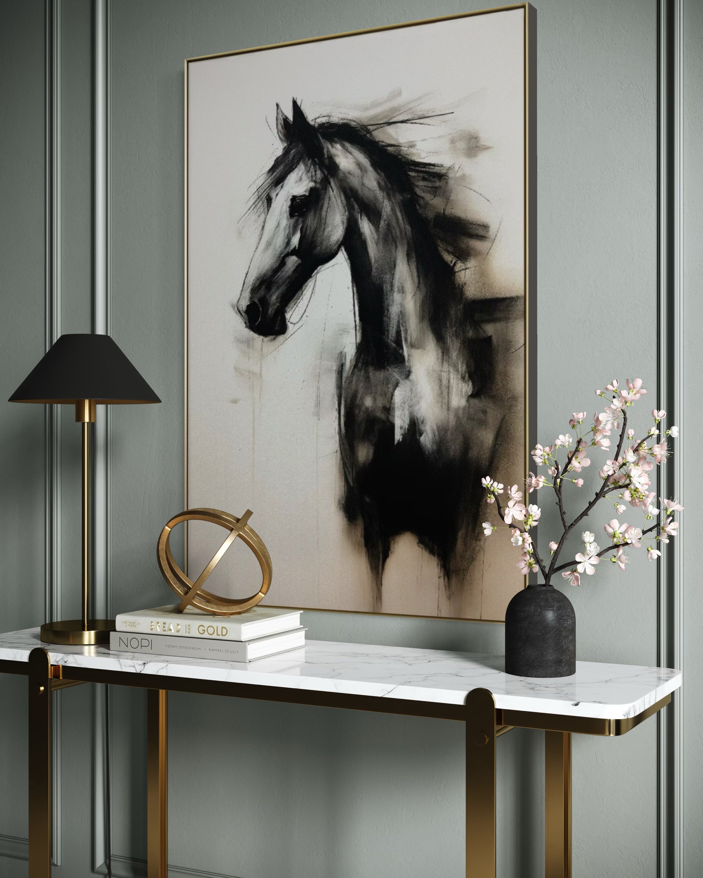 Cuadro Decorativo Abstracto Negro Arena 2- 258 -Boceto de Caballo Negro Arte Moderno en Tonos Neutros