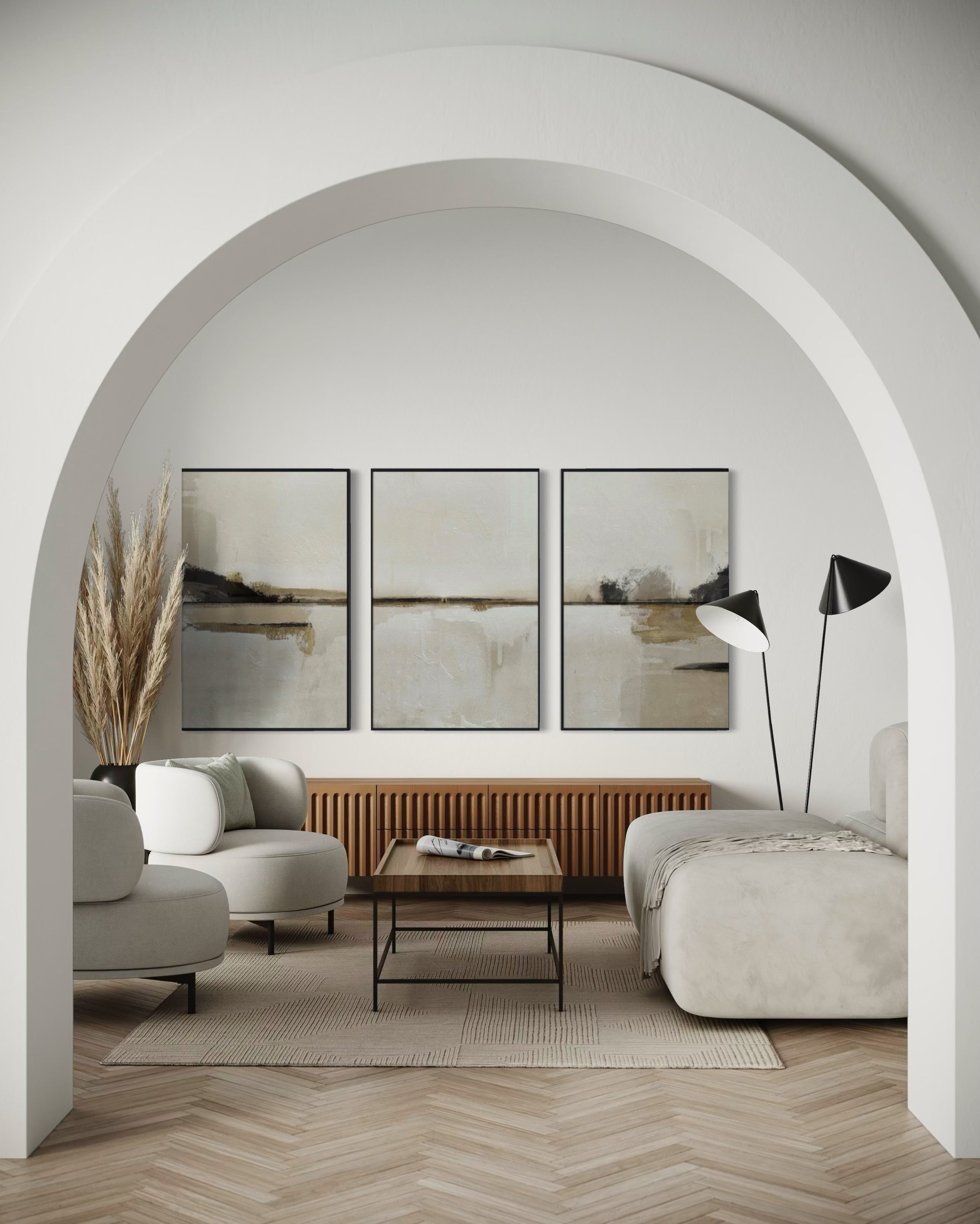 Set Cuadros Decorativos Abstracto Negro Arena 2 - 216 - Triptico Moderno y Elegante Arte Minimalista Estilo Nordico Tonos Neutros