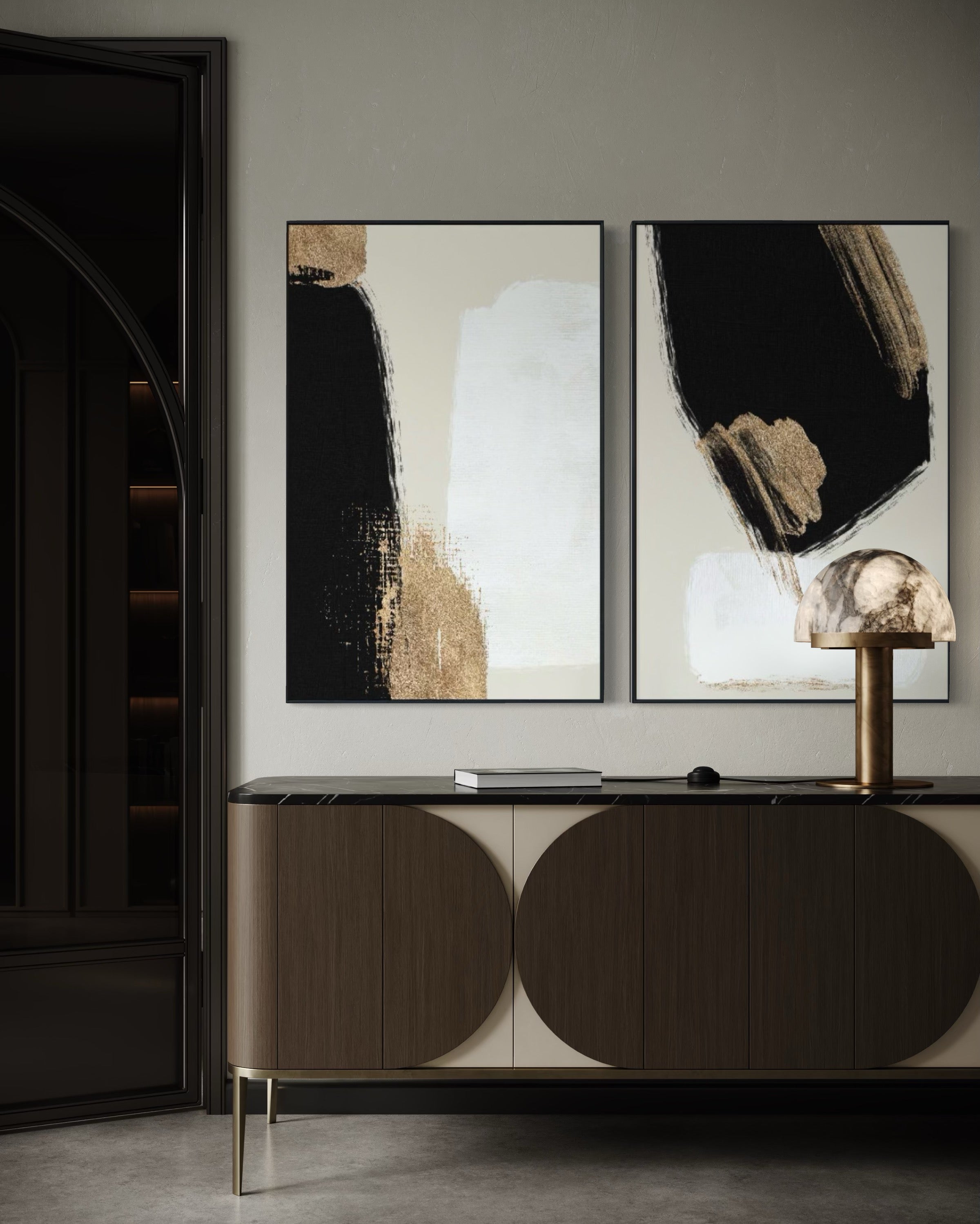 Set Cuadros Decorativos Abstracto Negro Arena 2 - 214 - Diptico Moderno y Elegante Arte Estilo Nordico en Tonos Neutros con Dorado Oro