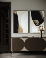 Cargar imagen en el visor de la galería, Set Cuadros Decorativos Abstracto Negro Arena 2 - 214 - Diptico Moderno y Elegante Arte Estilo Nordico en Tonos Neutros con Dorado Oro
