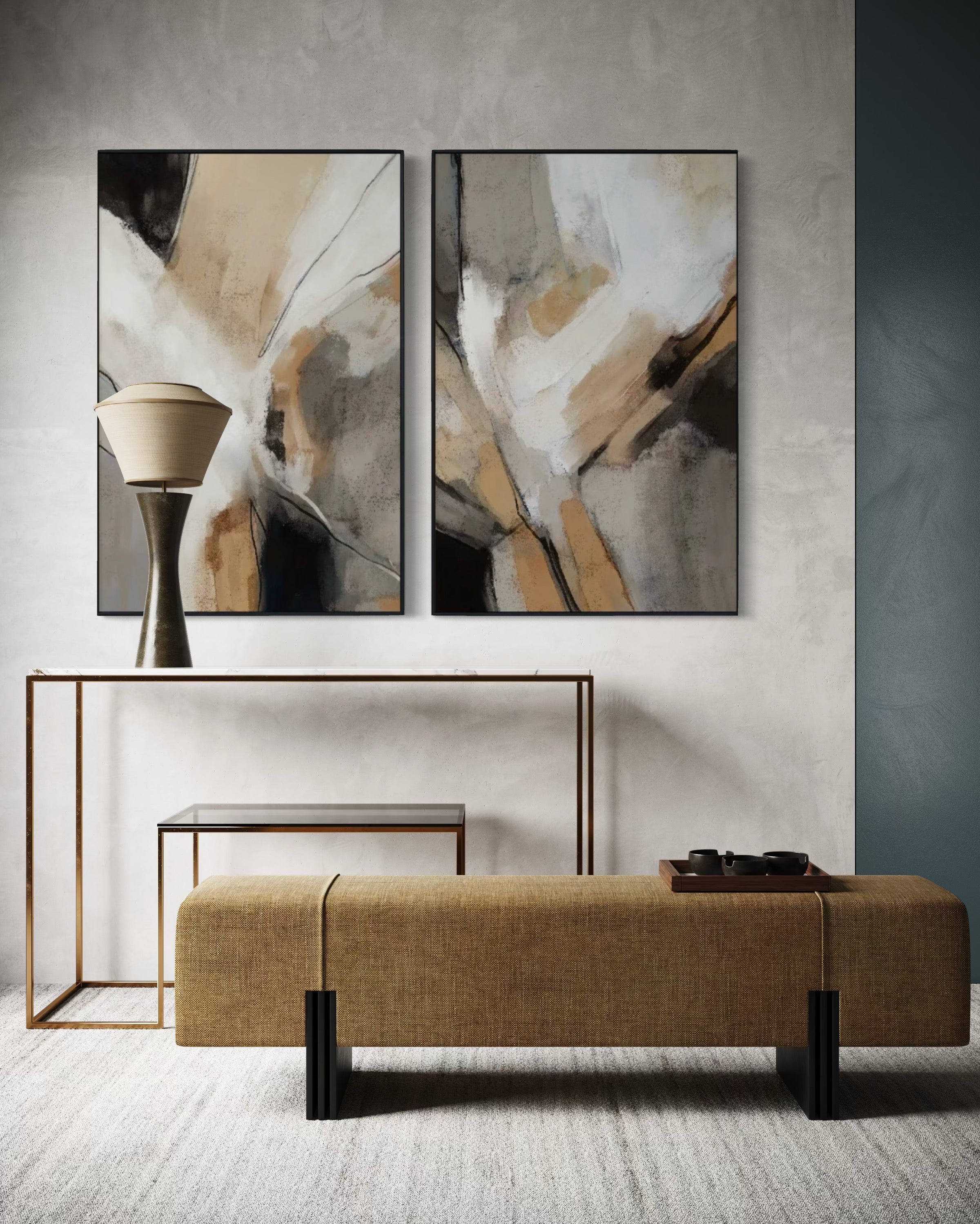 Set Cuadros Decorativos Abstracto Negro Arena 2 - 206 - Diptico Modernos Arte Minimalista estilo Boho en Tonos Neutros Cálidos