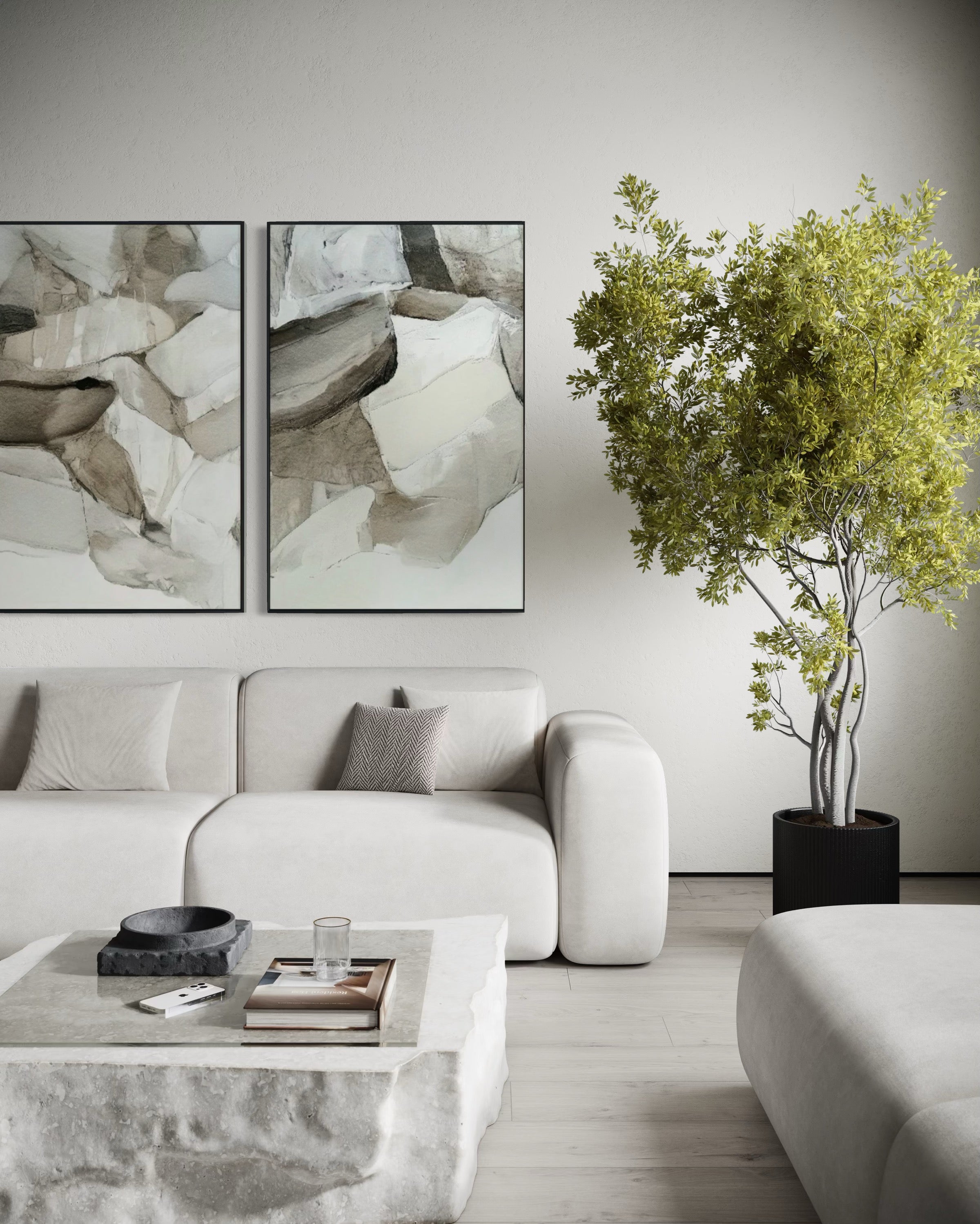 Set Cuadros Decorativos Abstracto Negro Arena 2 - 202 - Díptico Minimalista Estilo Boho Arte en tonos Neutros