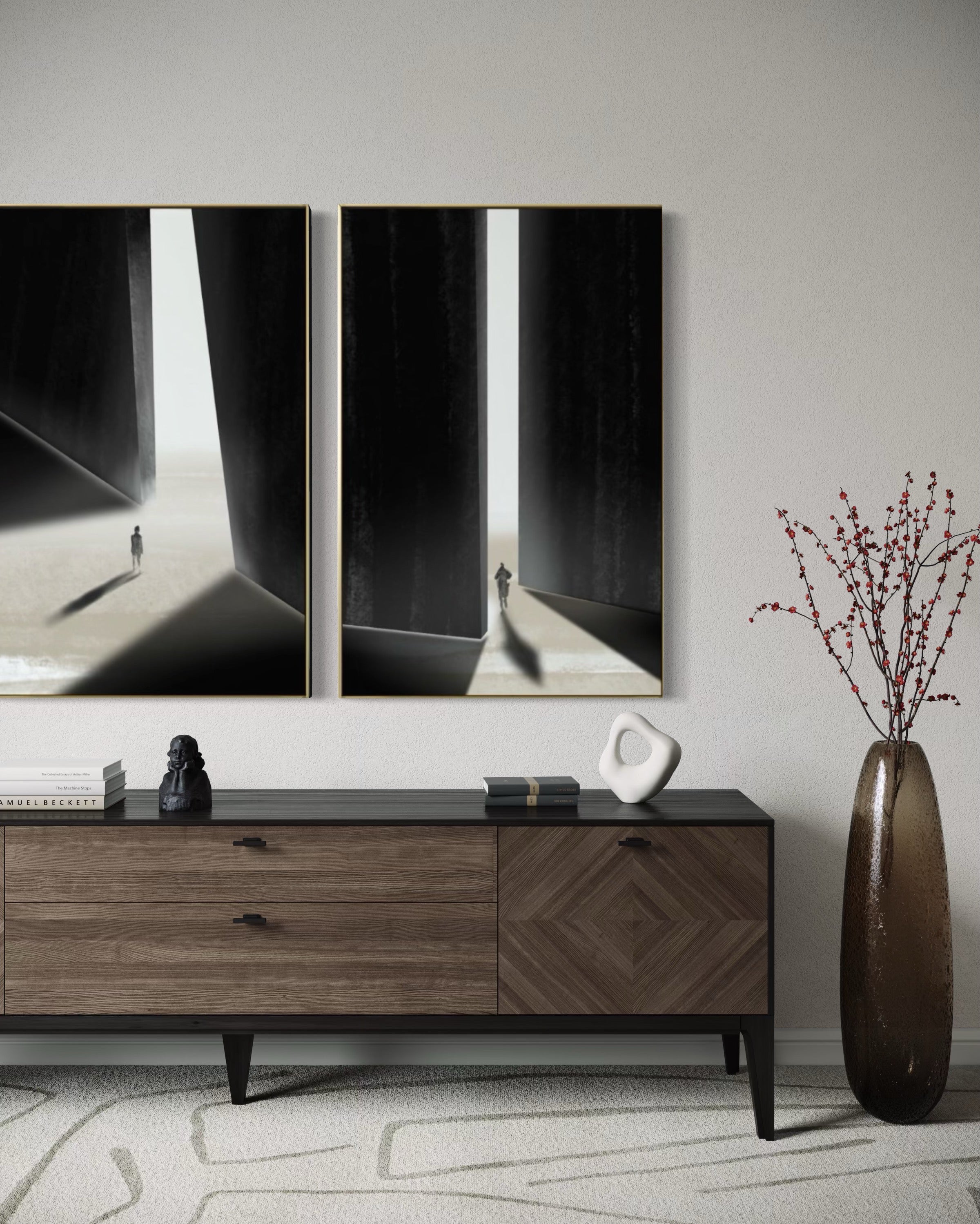 Set Cuadros Decorativos Abstracto Negro Arena 2 - 237 - Diptico Siluetas Humanas Arte Moderno Minimalista Puertas Estilo Nordico Tonos Neutros